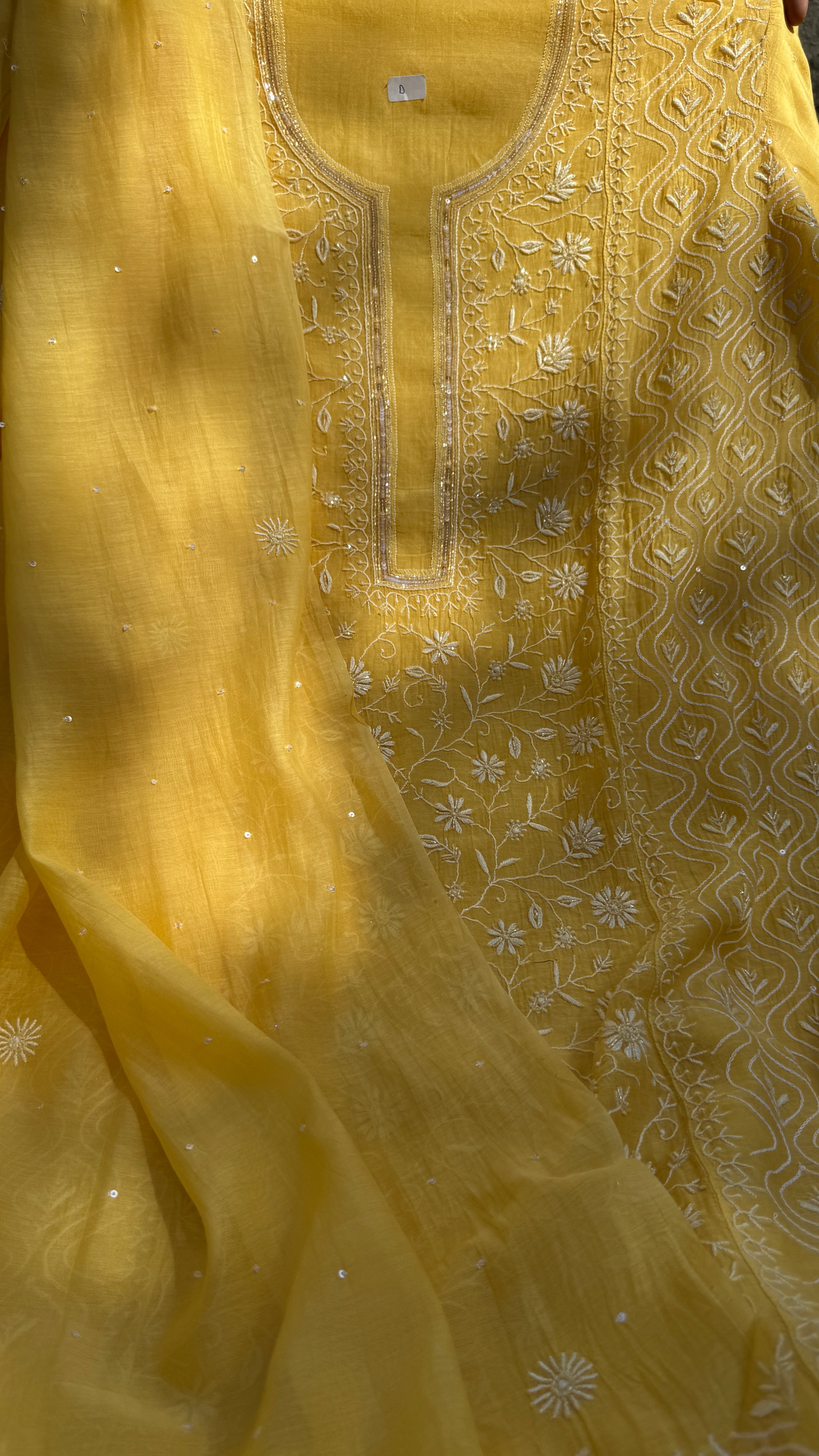 Mul Chanderi Chikankari - Unstitched Set - Yellow