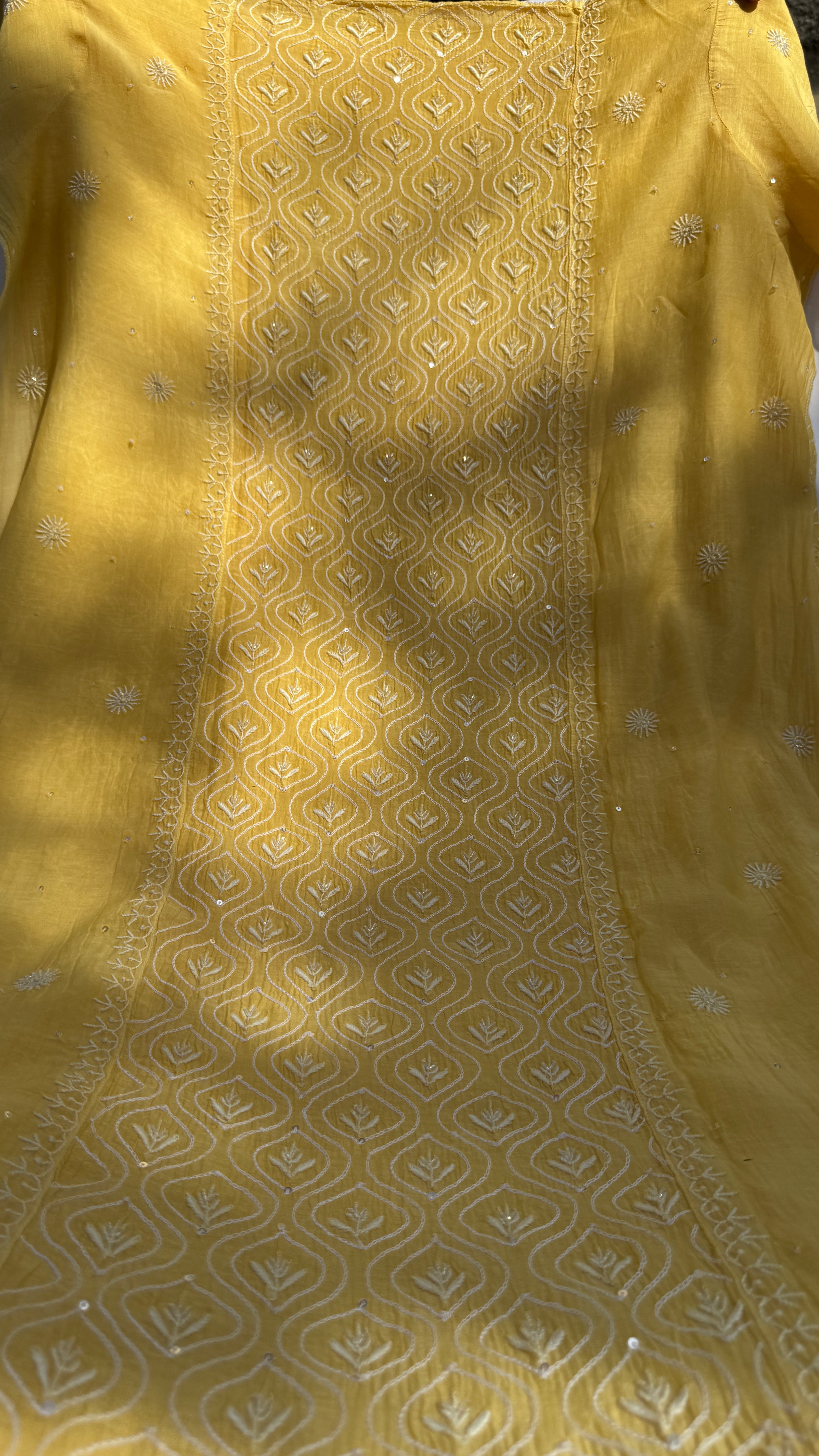 Mul Chanderi Chikankari - Unstitched Set - Yellow