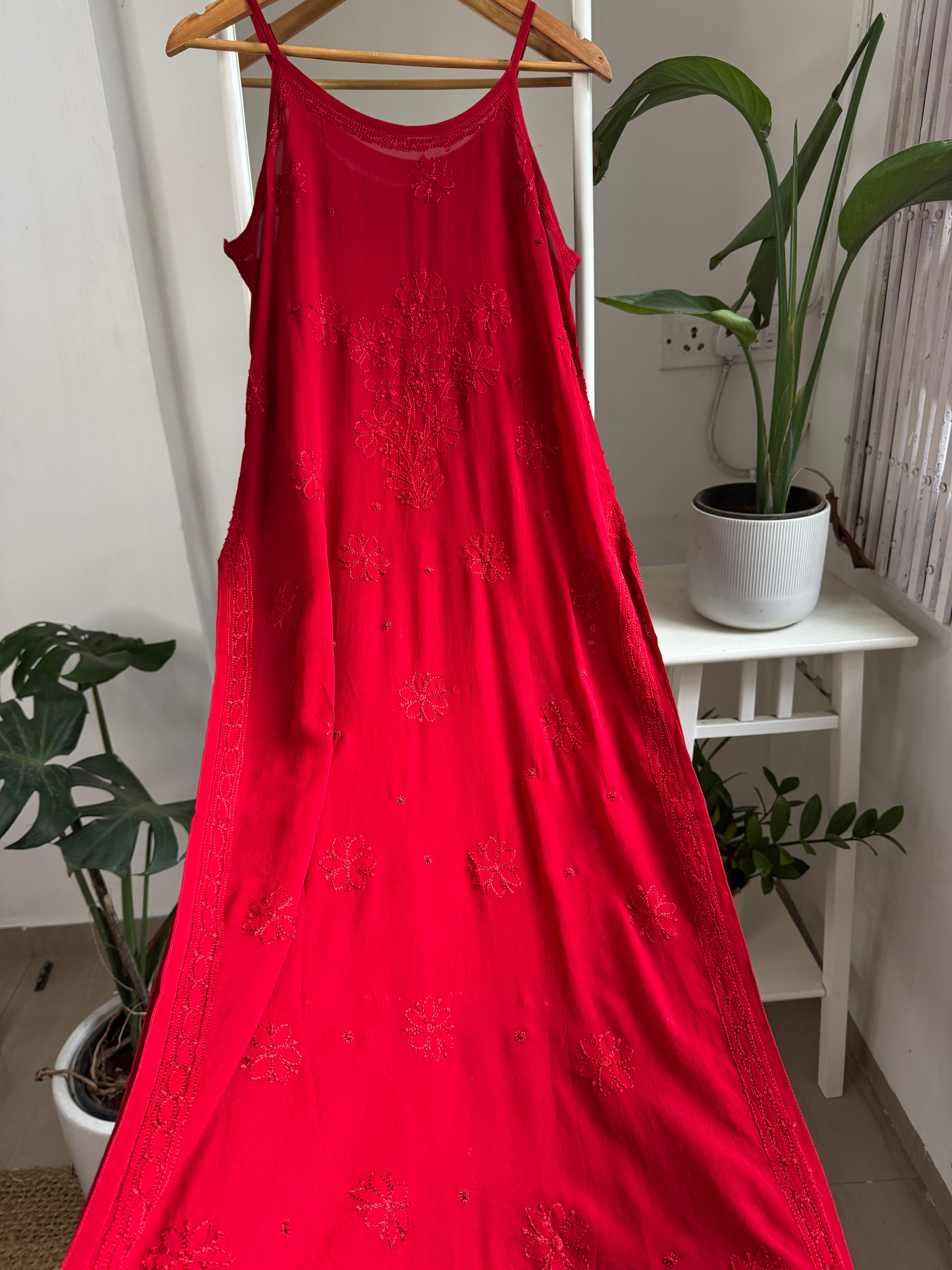 Noodle Strap Chikankari Kurti Long - Red -Rose Collection
