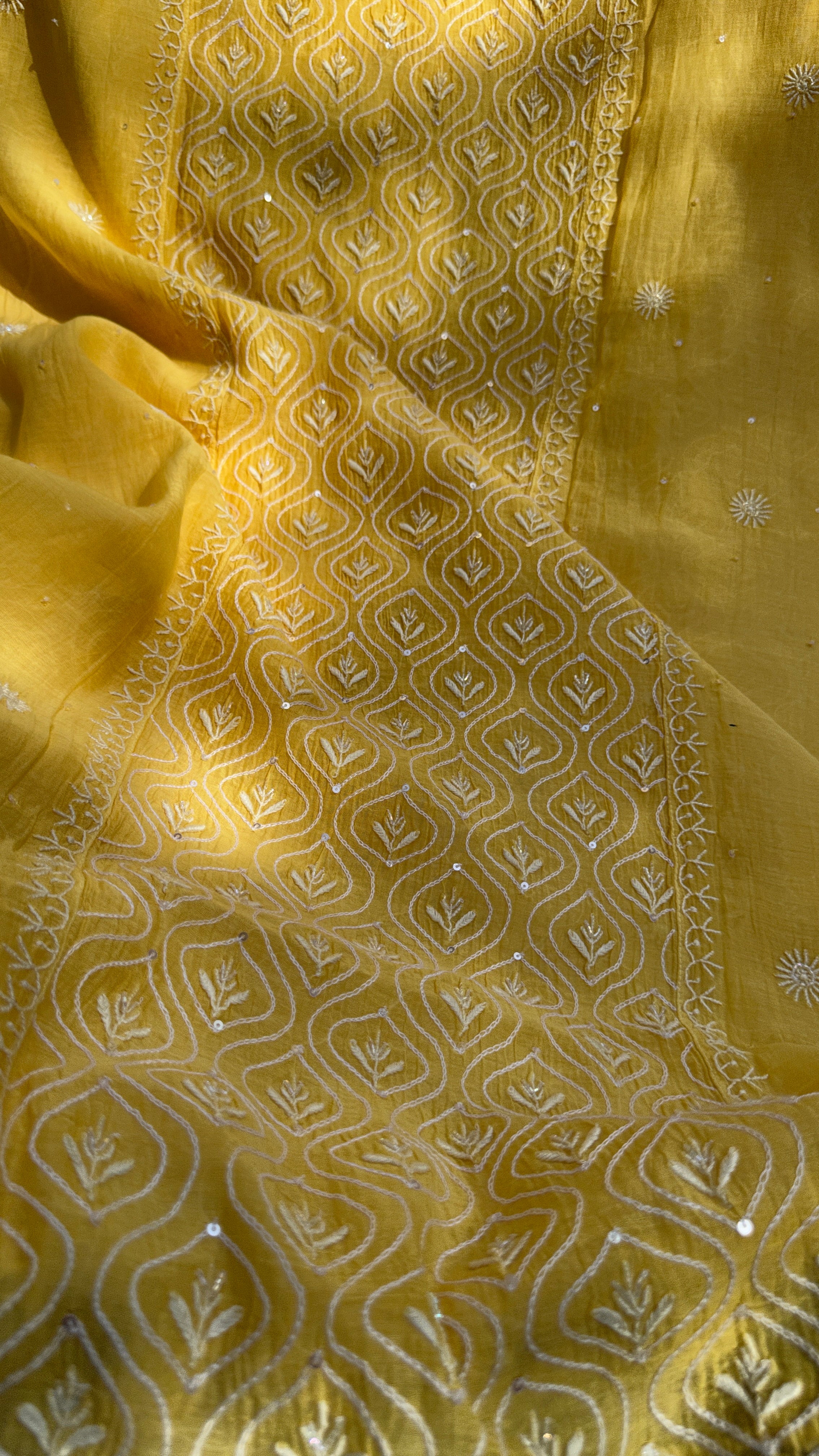 Mul Chanderi Chikankari - Unstitched Set - Yellow
