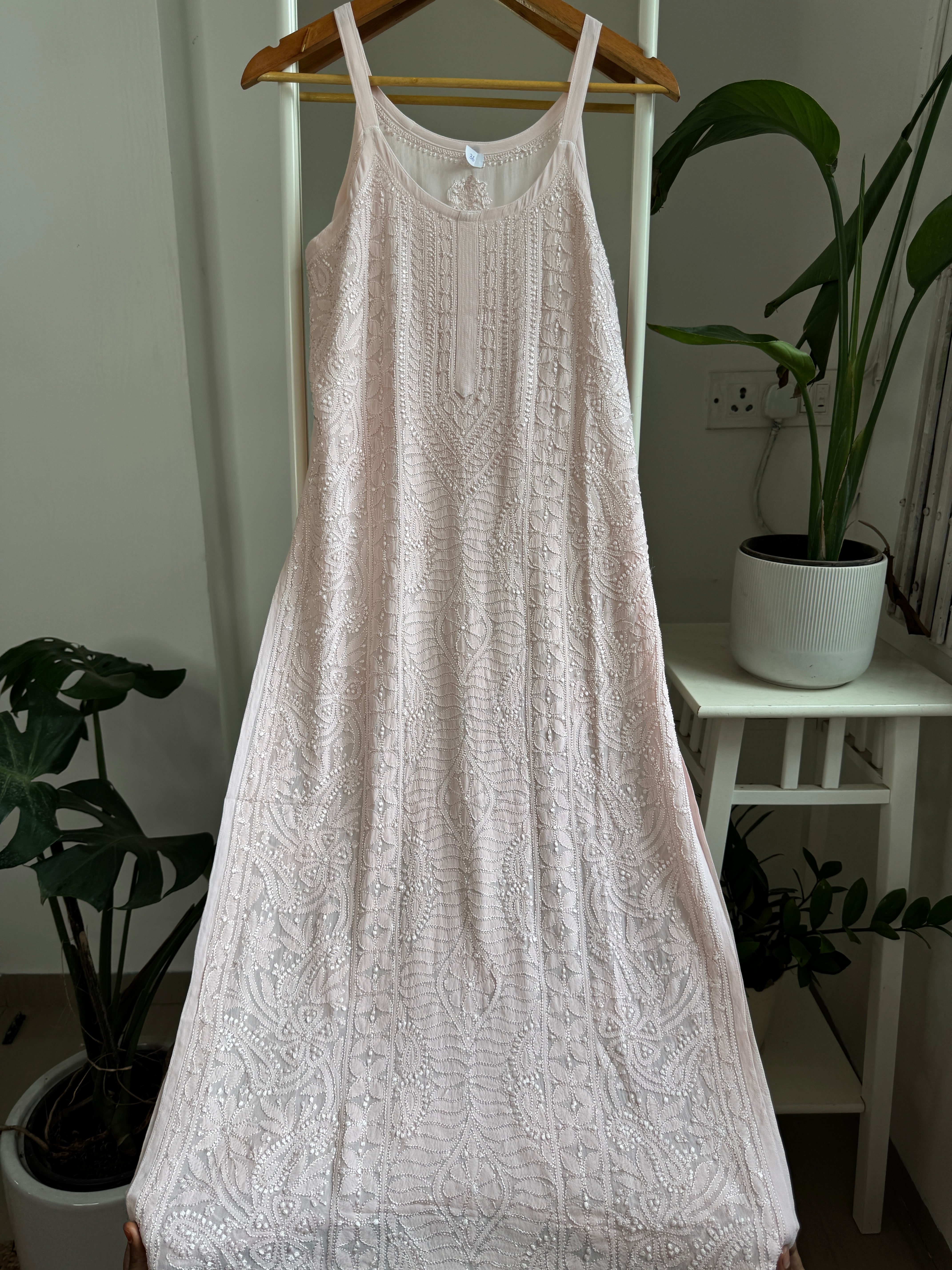 Noodle Strap Chikankari Kurti Long - Pale Pink -Rose Collection ARIAA CHIKANKARI