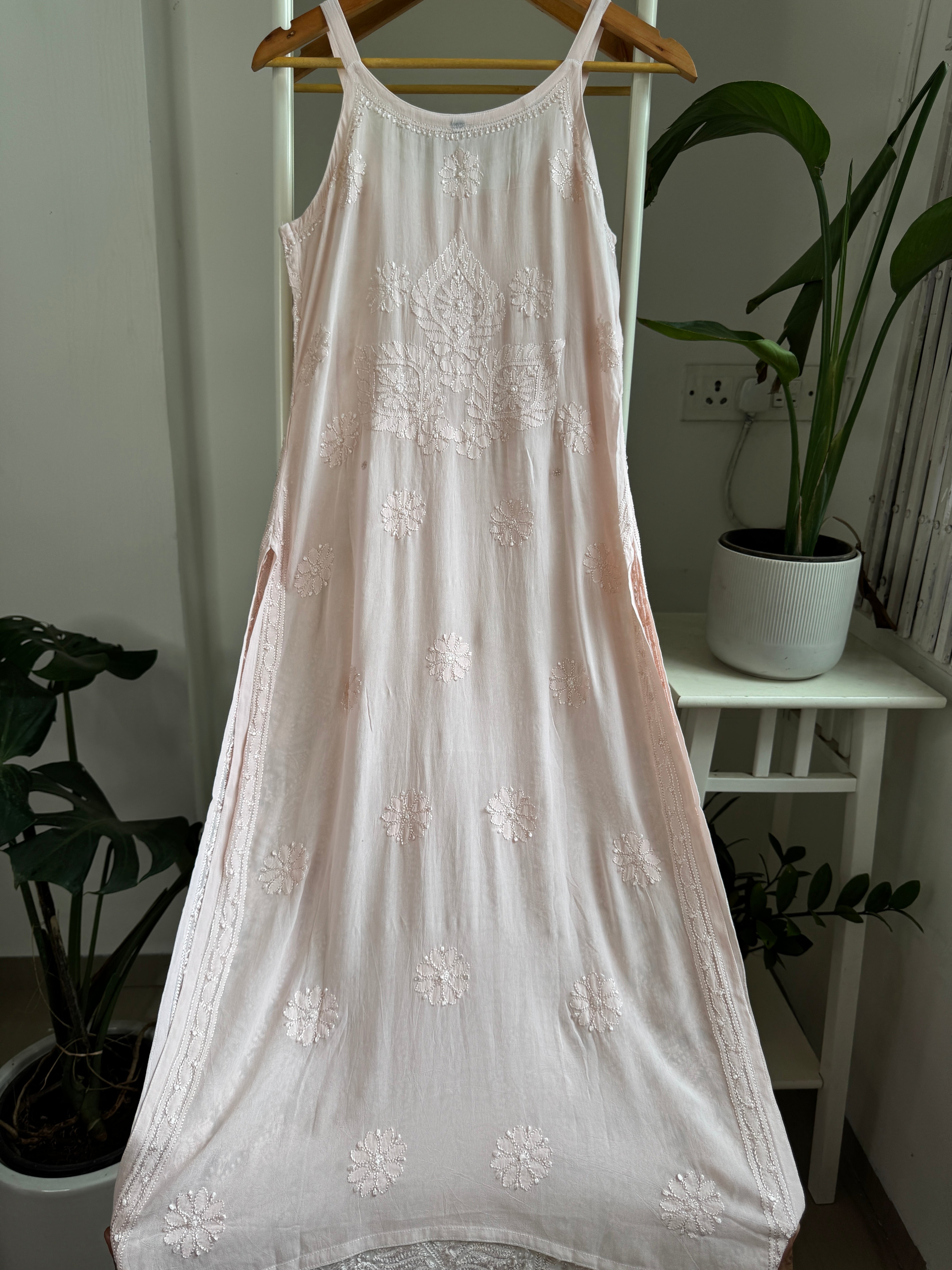 Noodle Strap Chikankari Kurti Long - Pale Pink -Rose Collection ARIAA CHIKANKARI