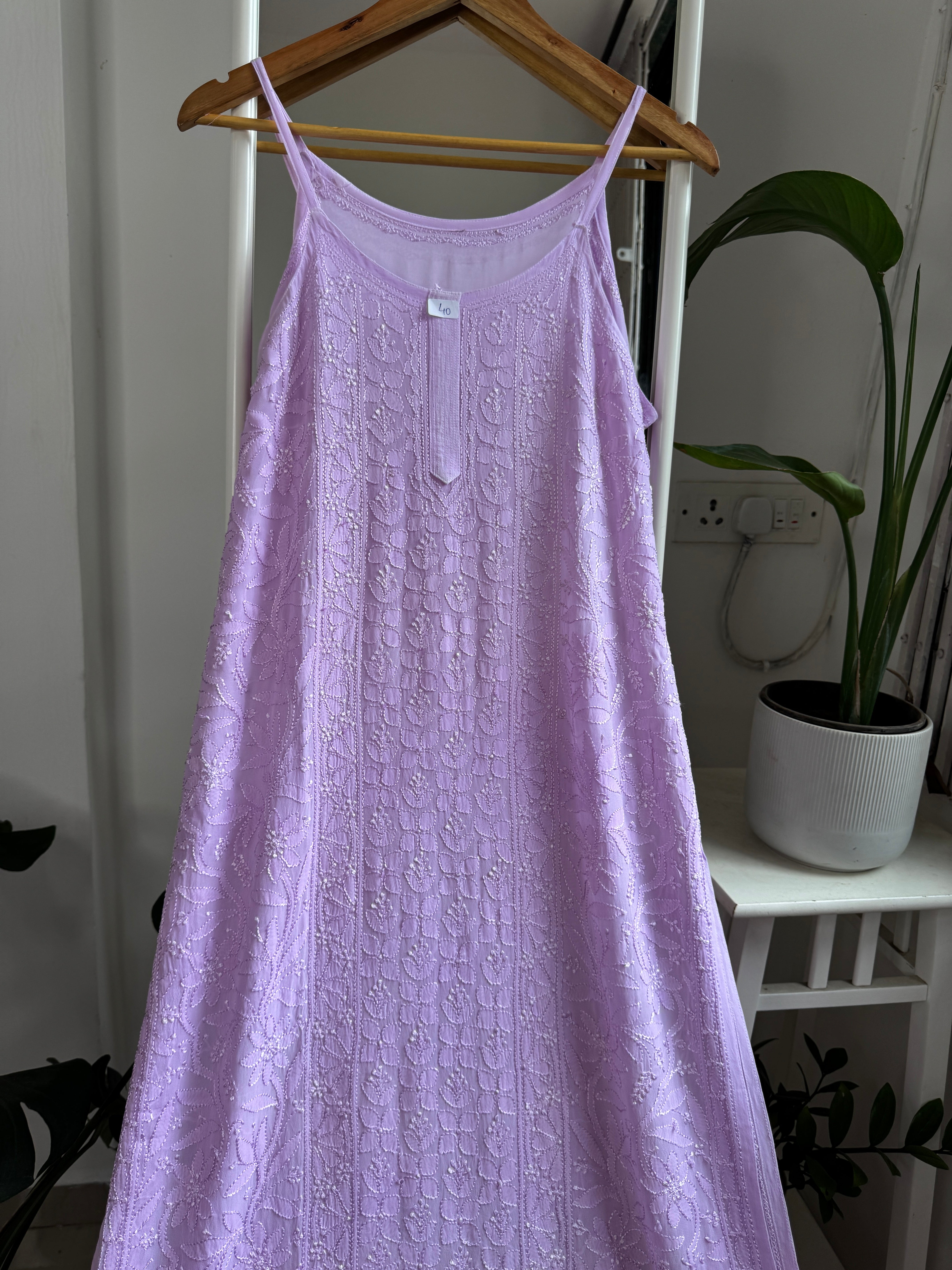 Noodle Strap Chikankari Kurti Long - Lilac -Rose Collection ARIAA CHIKANKARI