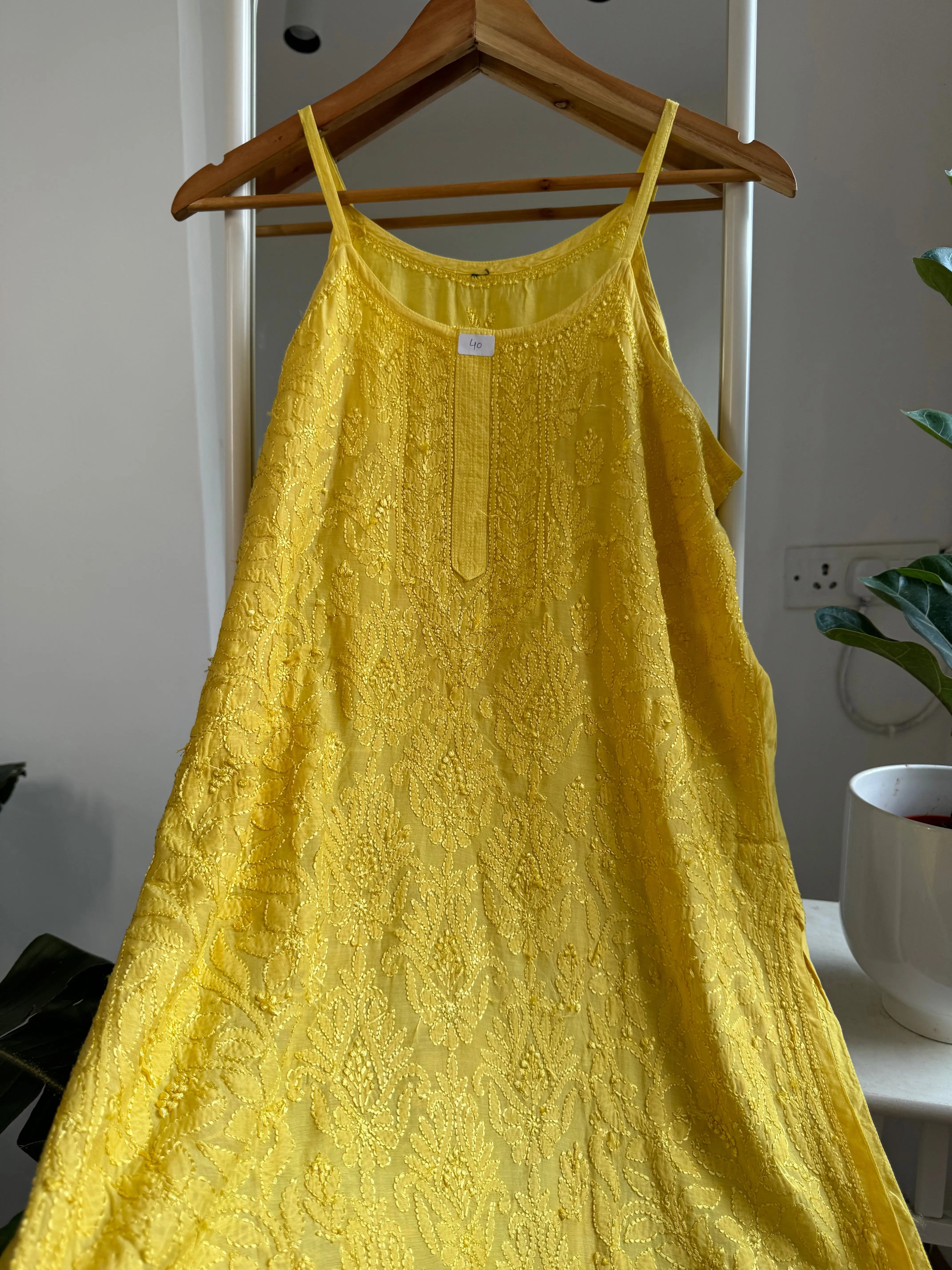 Muslin Chikankari Noodle Strap short Top - Yellow ARIAA CHIKANKARI