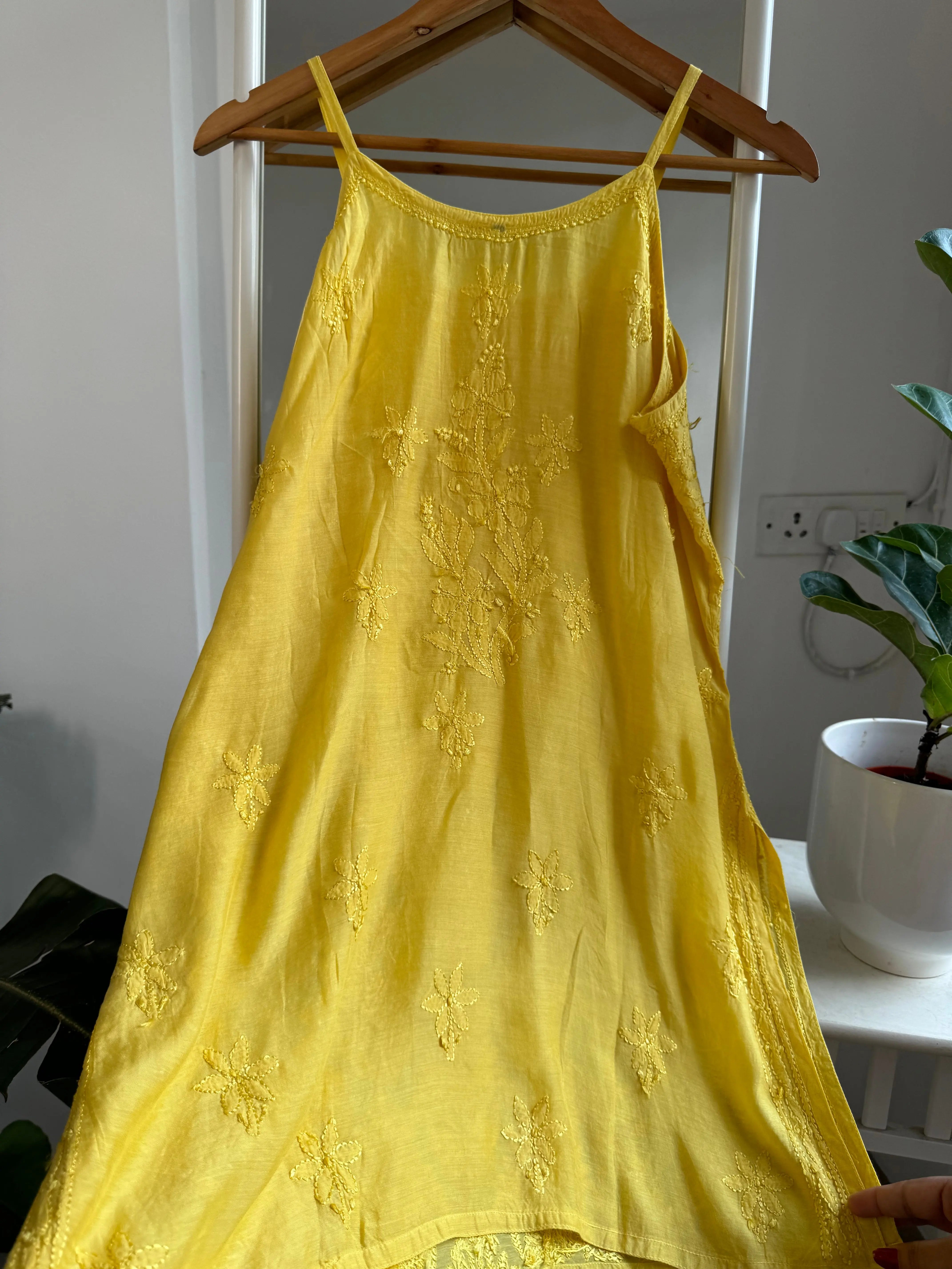 Muslin Chikankari Noodle Strap short Top - Yellow ARIAA CHIKANKARI