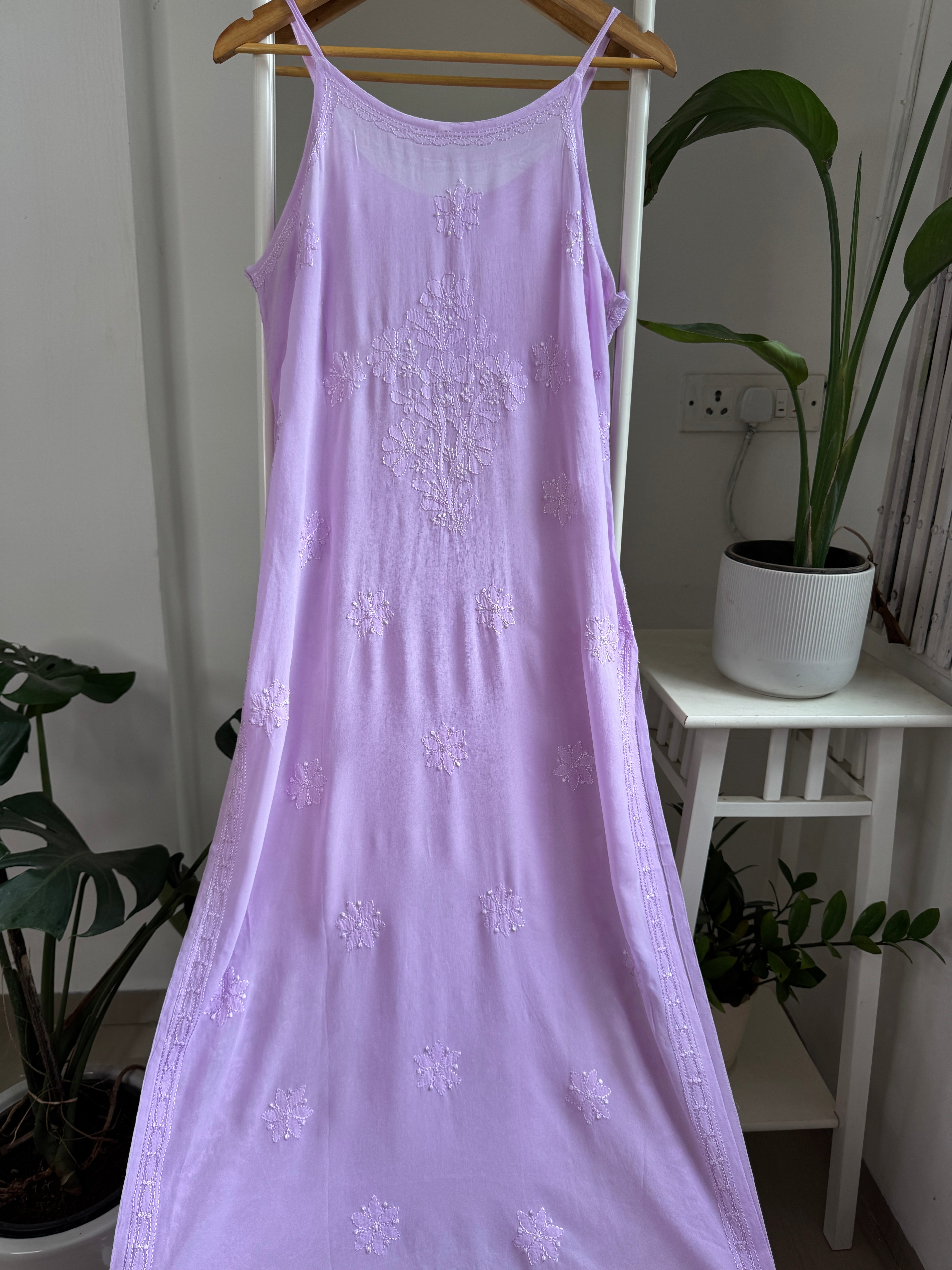 Noodle Strap Chikankari Kurti Long - Lilac -Rose Collection ARIAA CHIKANKARI