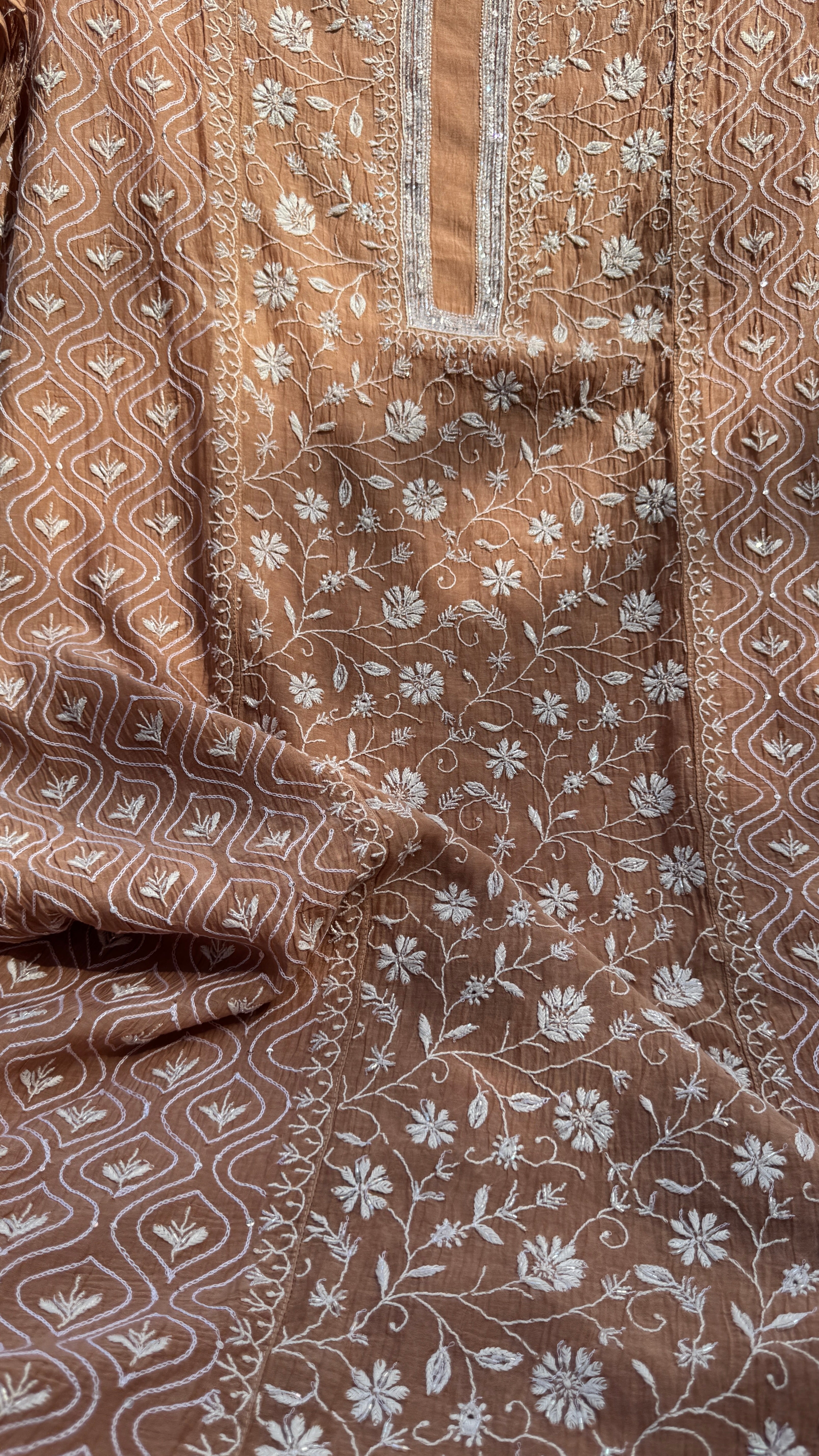 Mul Chanderi Chikankari - Unstitched Set - Brown