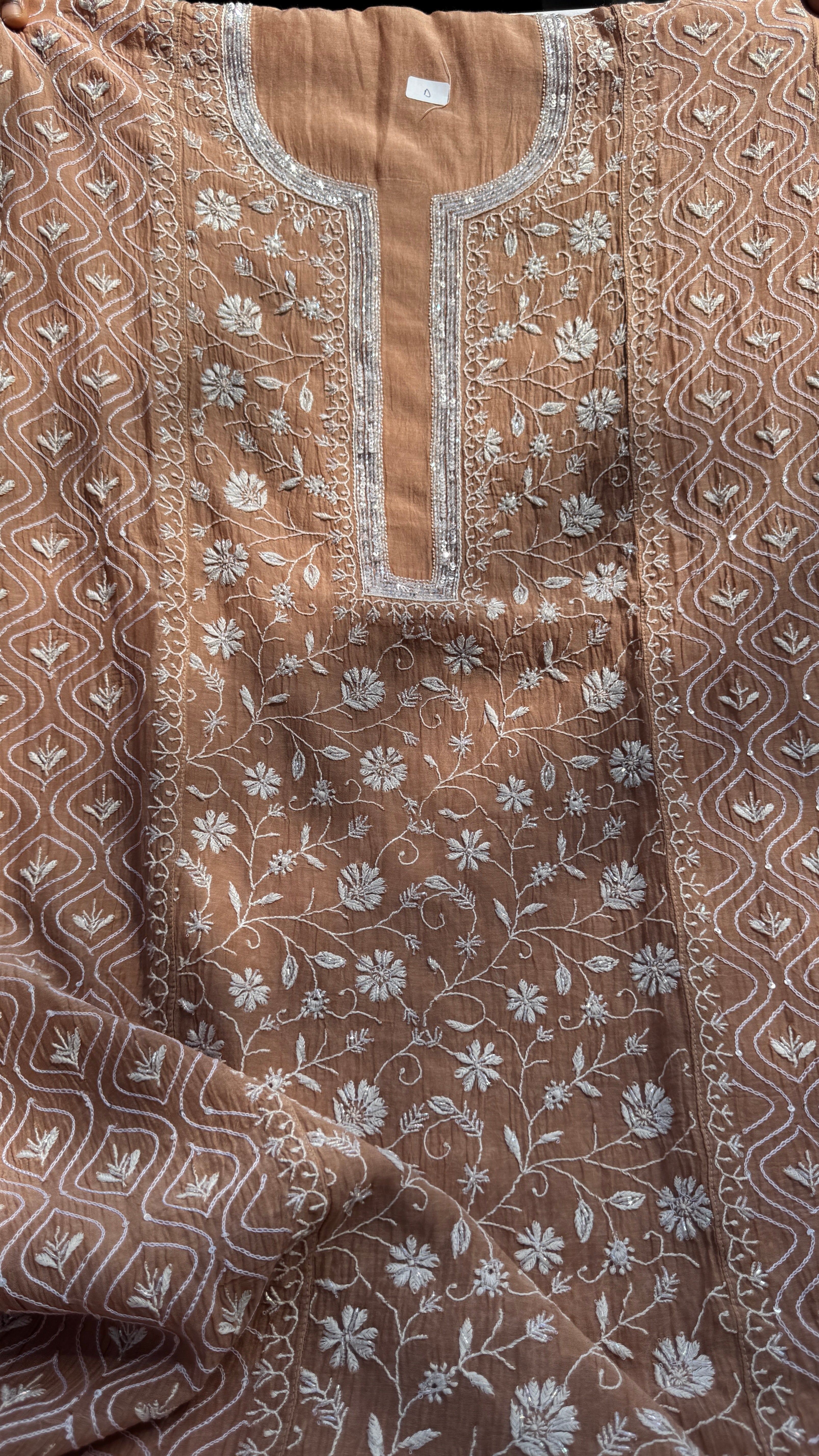 Mul Chanderi Chikankari - Unstitched Set - Brown