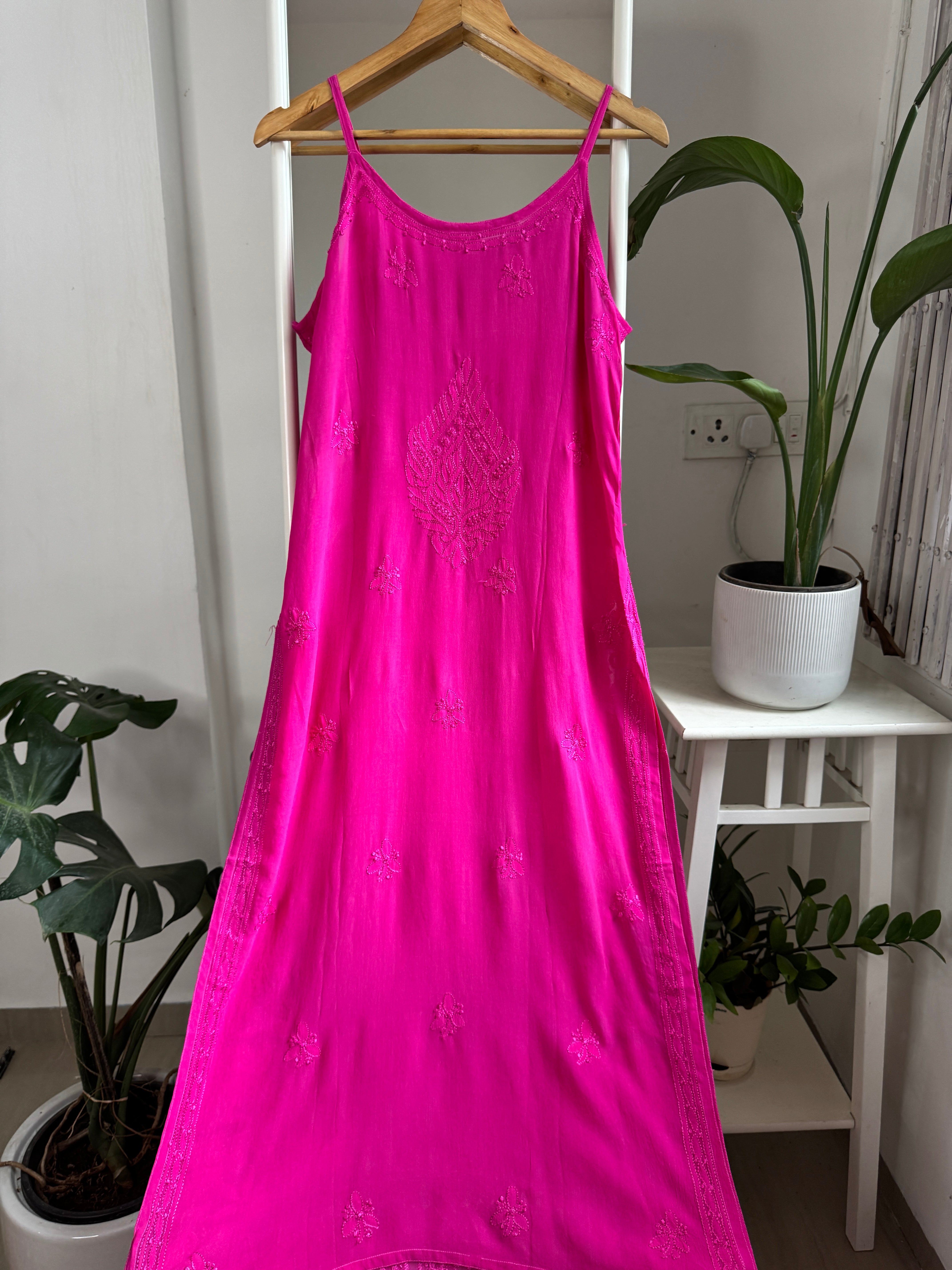 Noodle Strap Chikankari Kurti Long - Hot Pink -Rose Collection
