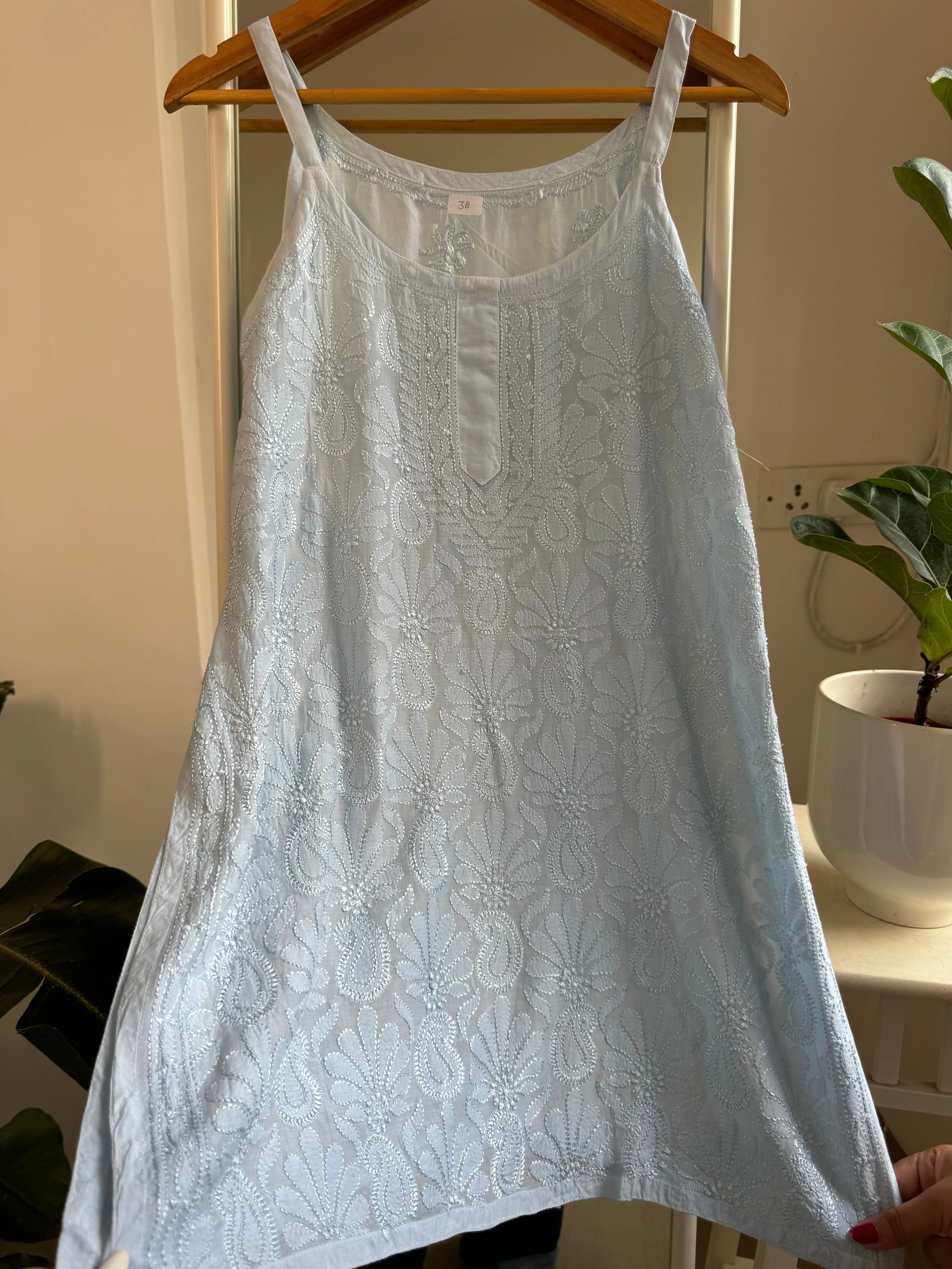 Muslin Chikankari Noodle Strap short Top - Baby Blue ARIAA CHIKANKARI