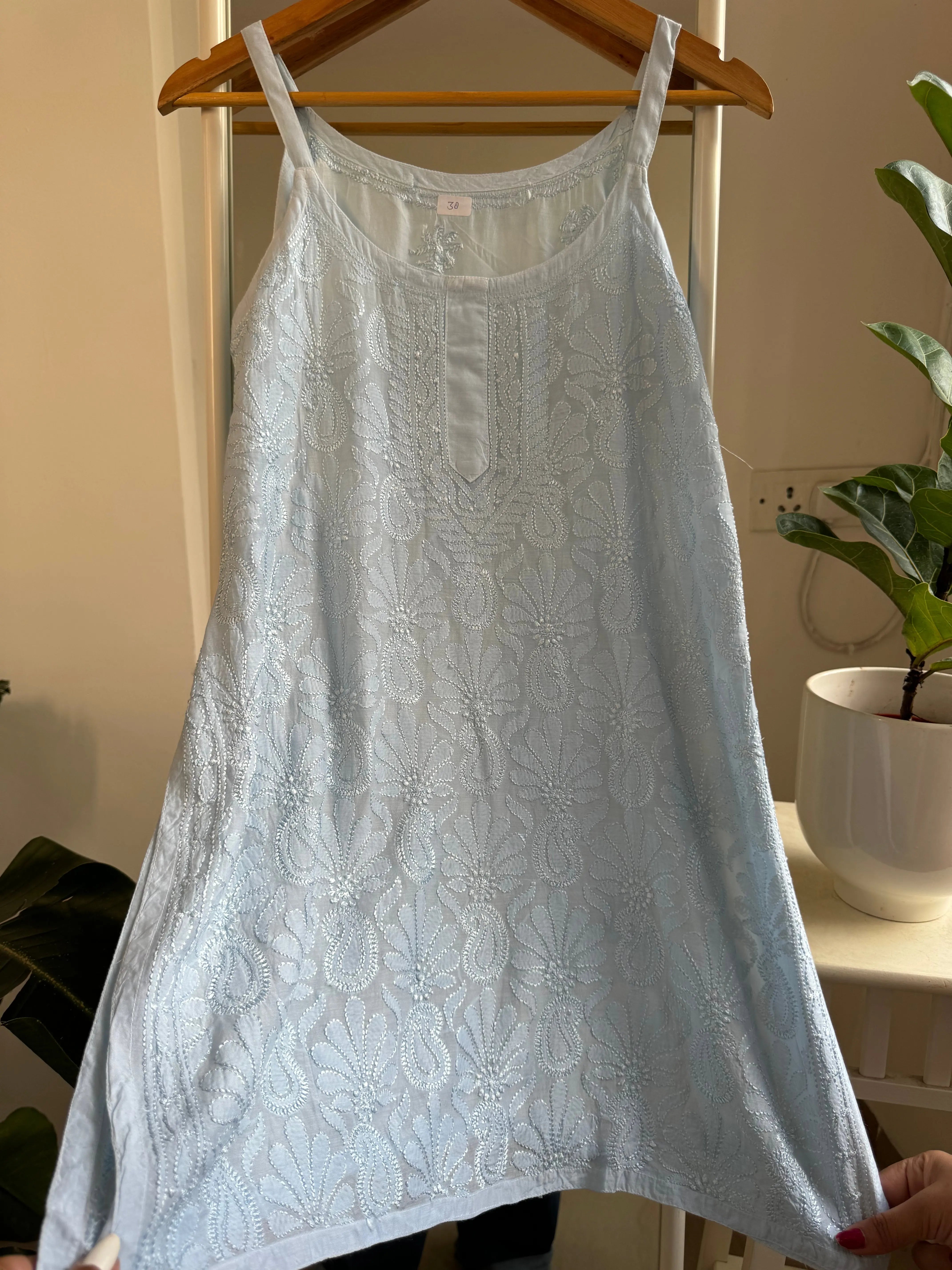 Muslin Chikankari Noodle Strap short Top - Baby Blue ARIAA CHIKANKARI