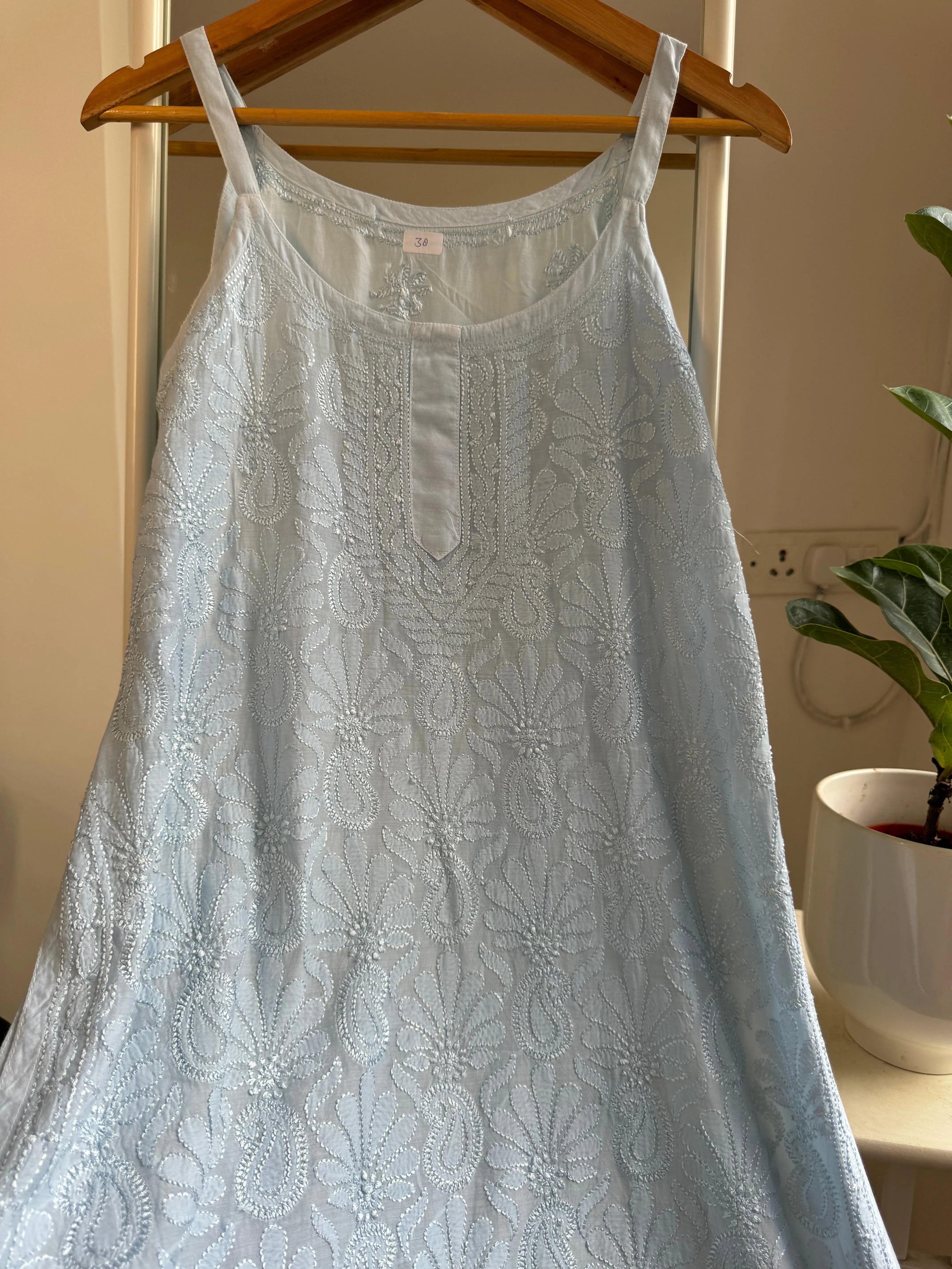Muslin Chikankari Noodle Strap short Top - Baby Blue ARIAA CHIKANKARI