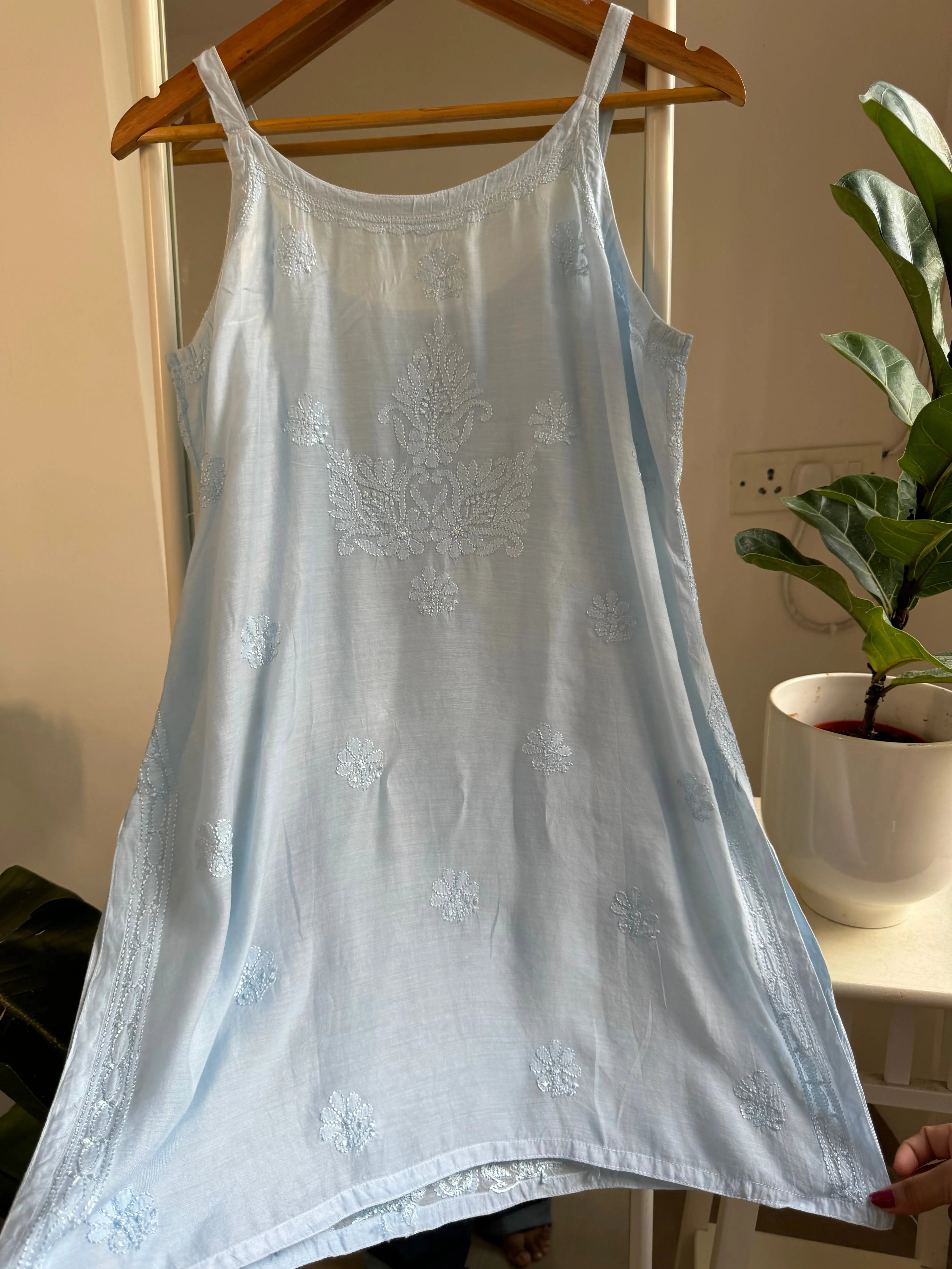 Muslin Chikankari Noodle Strap short Top - Baby Blue ARIAA CHIKANKARI