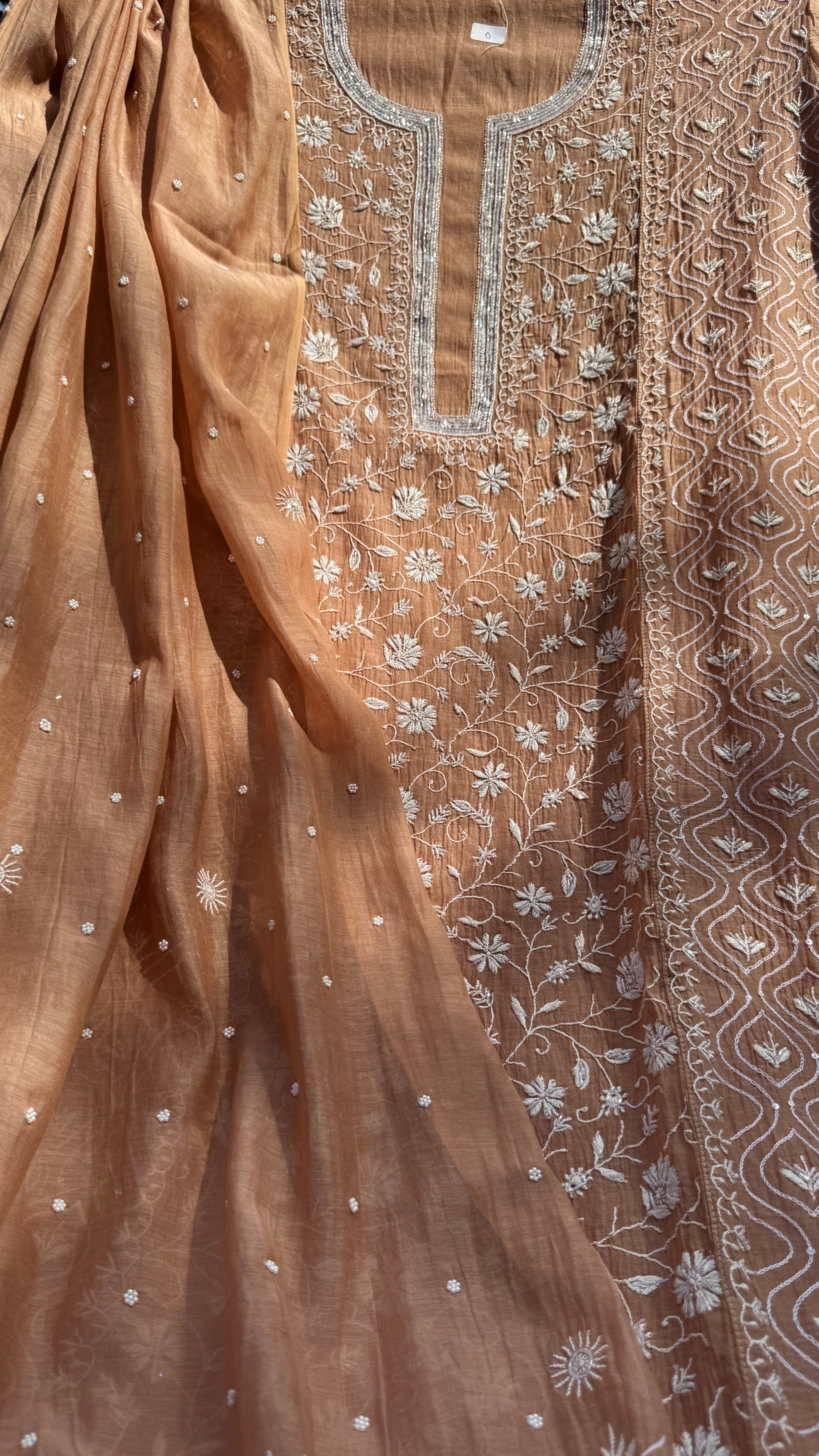 Mul Chanderi Chikankari - Unstitched Set - Brown