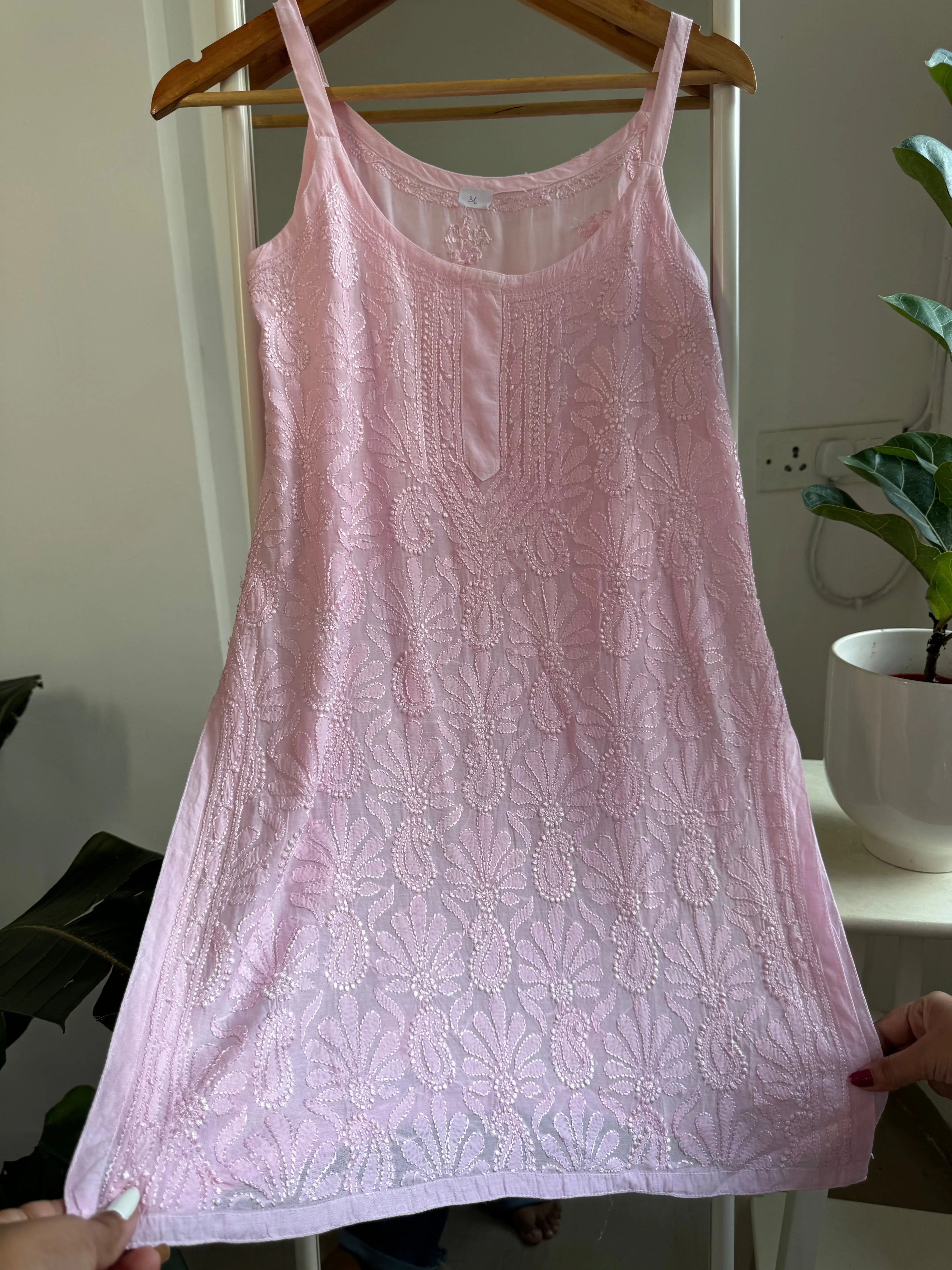 Muslin Chikankari Noodle Strap short Top - Pink ARIAA CHIKANKARI