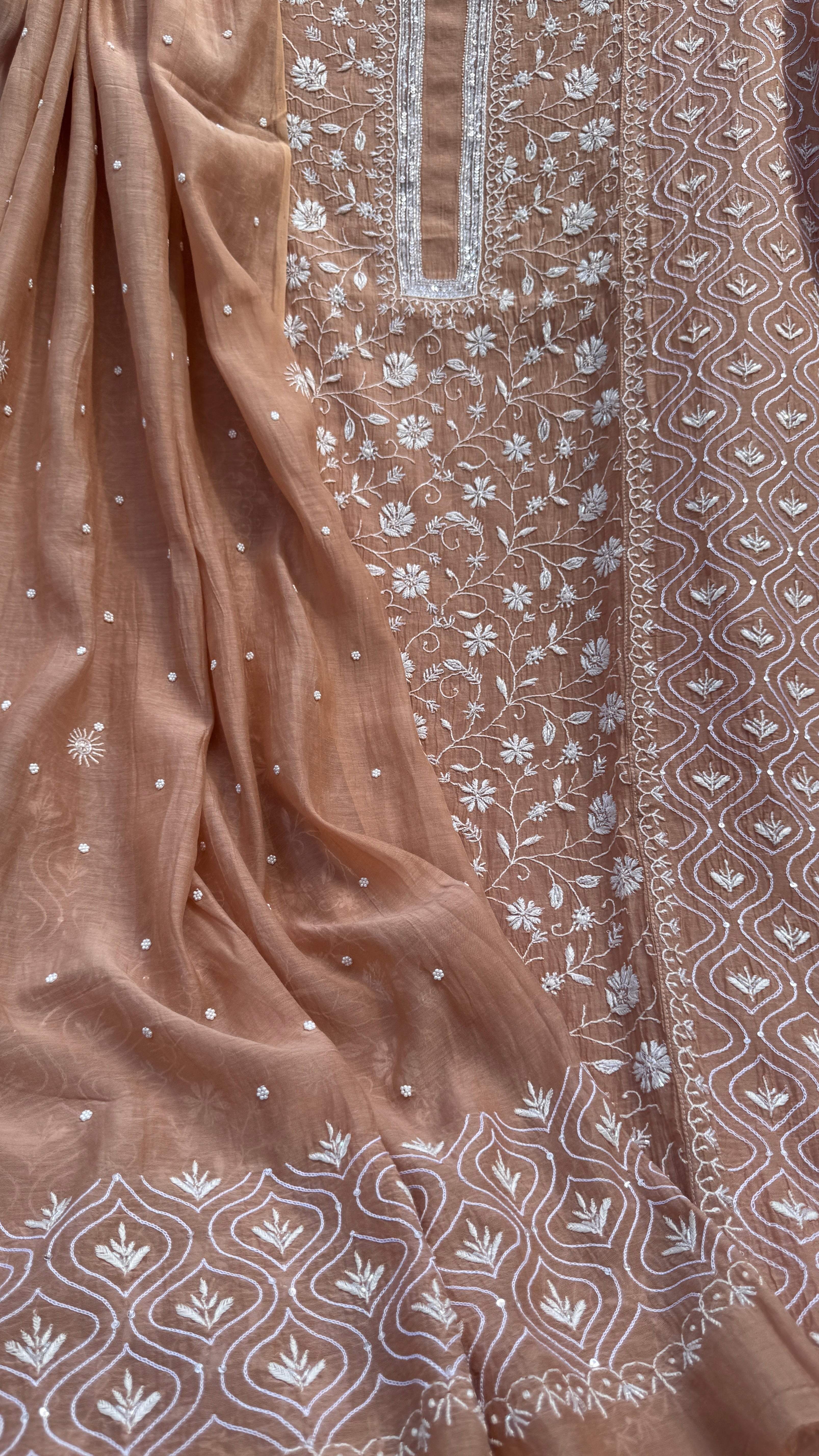 Mul Chanderi Chikankari - Unstitched Set - Brown