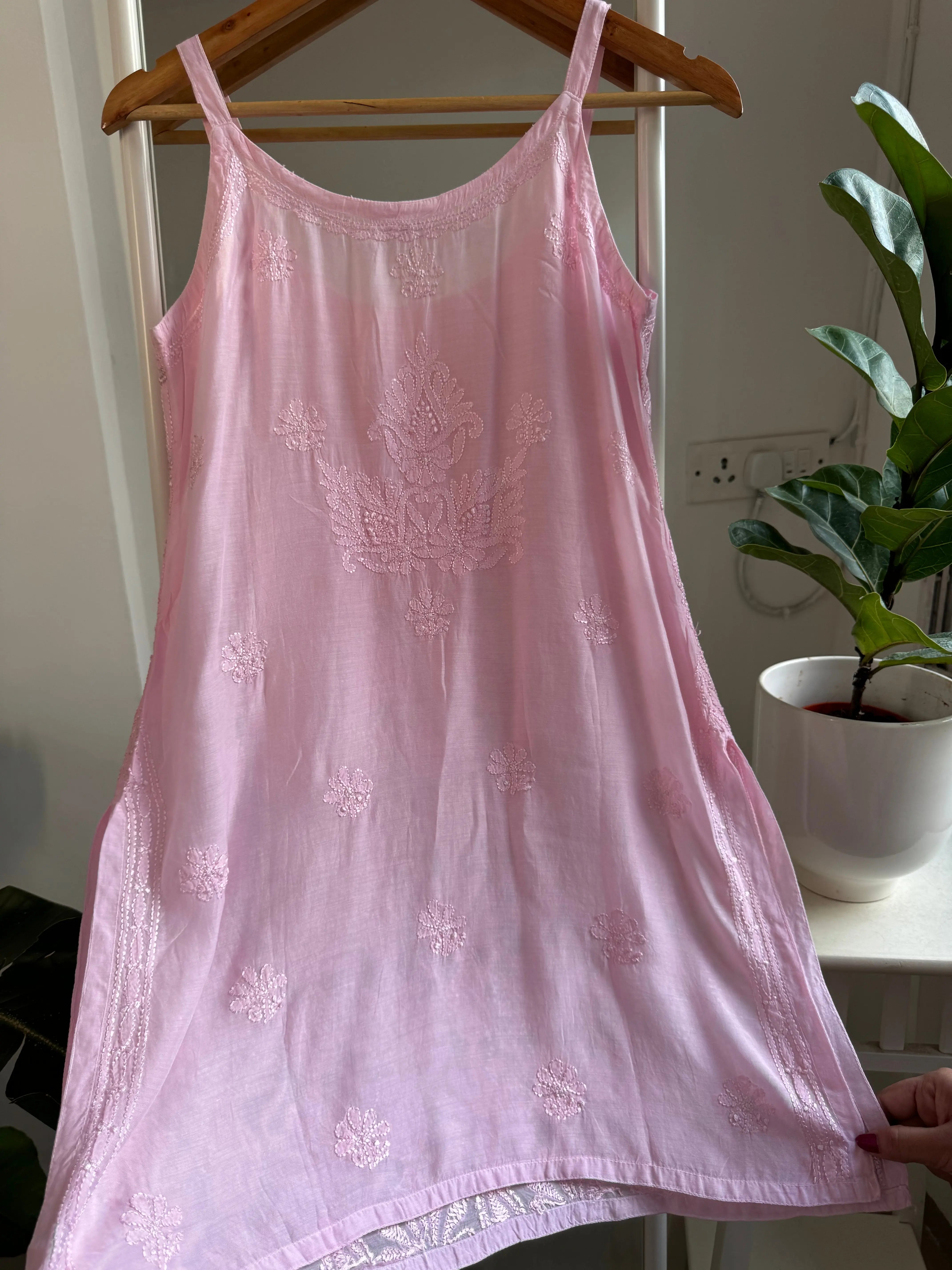 Muslin Chikankari Noodle Strap short Top - Pink ARIAA CHIKANKARI