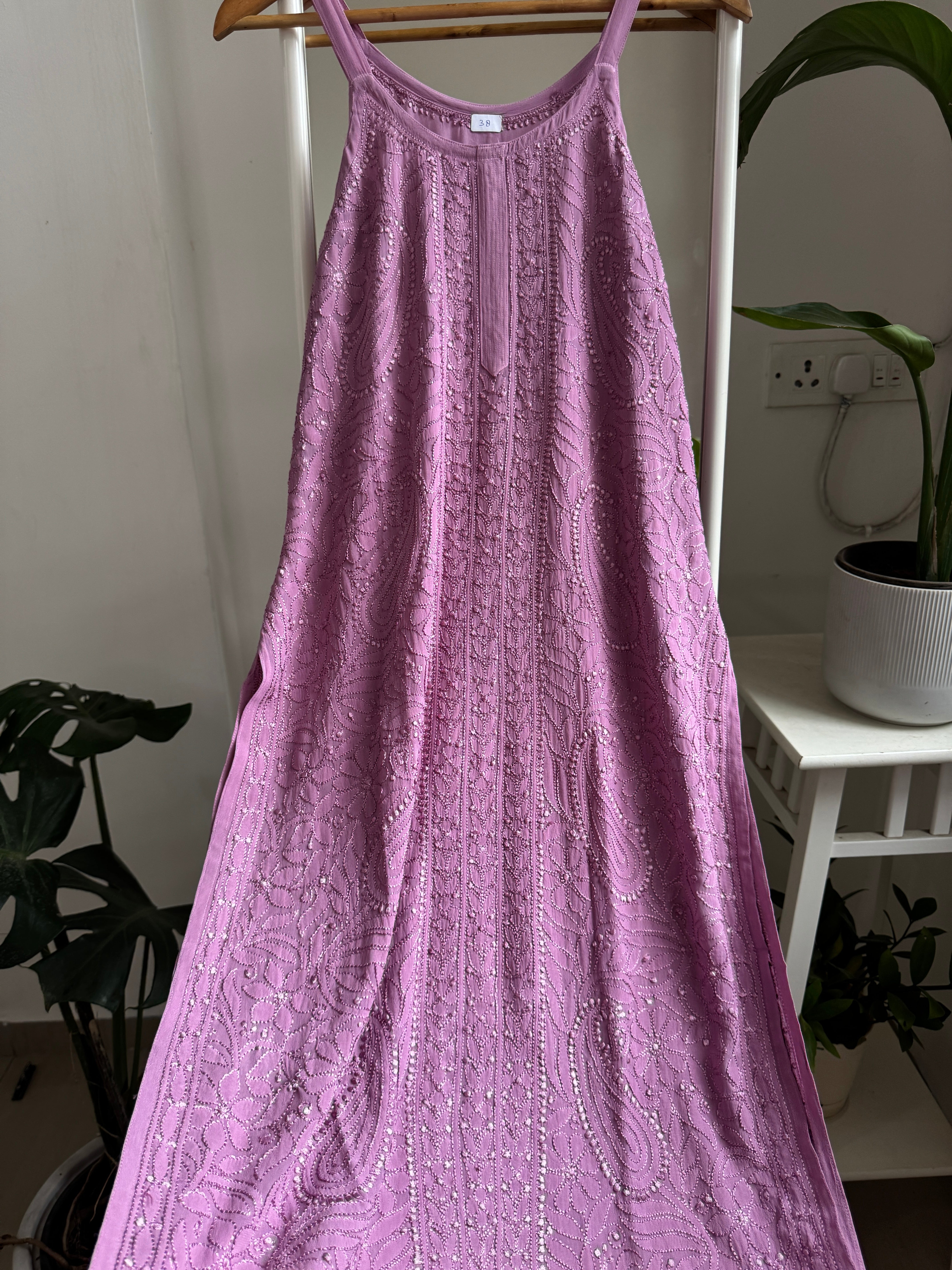 Noodle Strap Chikankari Kurti Long - Mauve -Rose Collection ARIAA CHIKANKARI