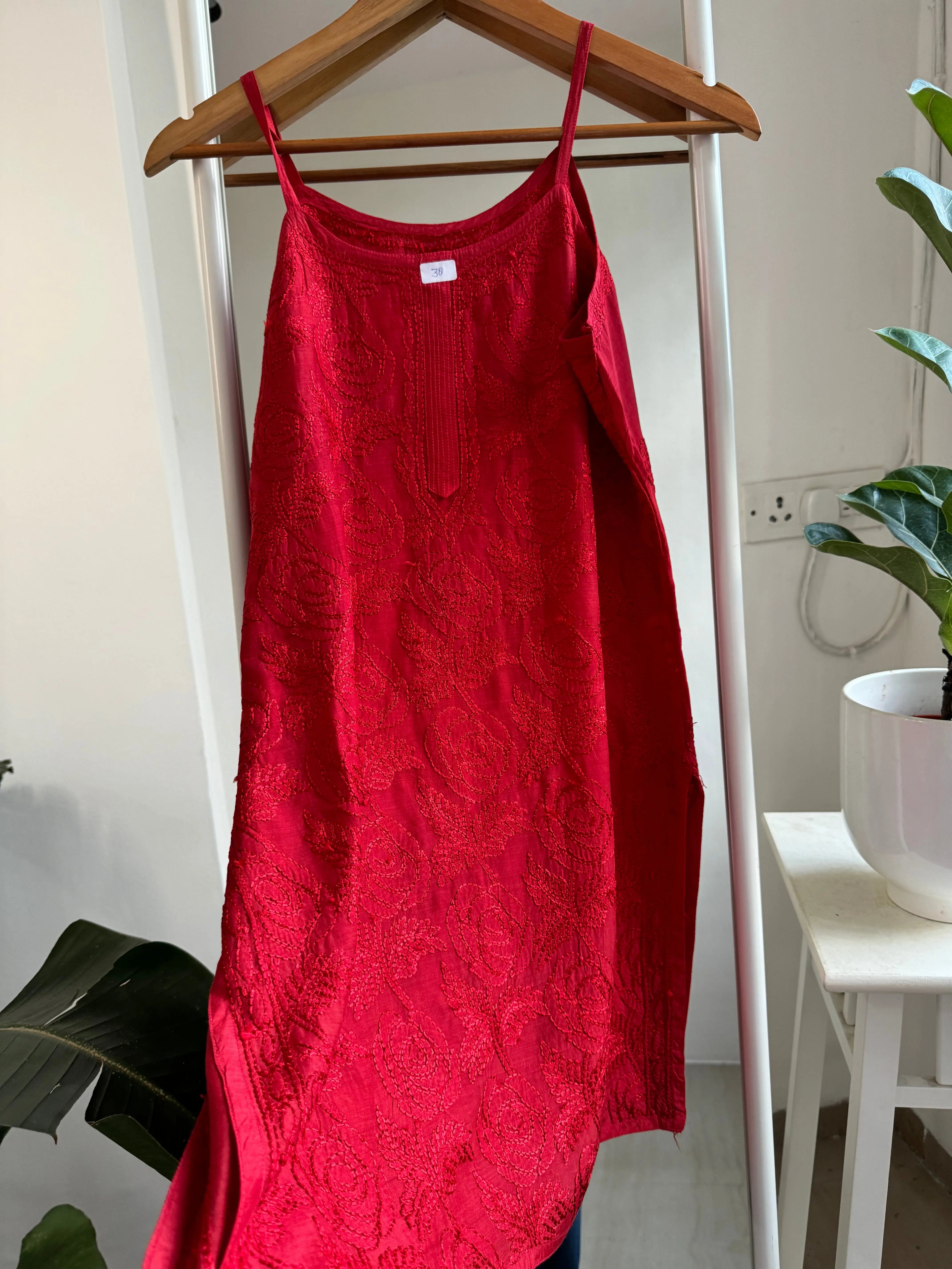 Muslin Chikankari Noodle Strap short Top - Red ARIAA CHIKANKARI