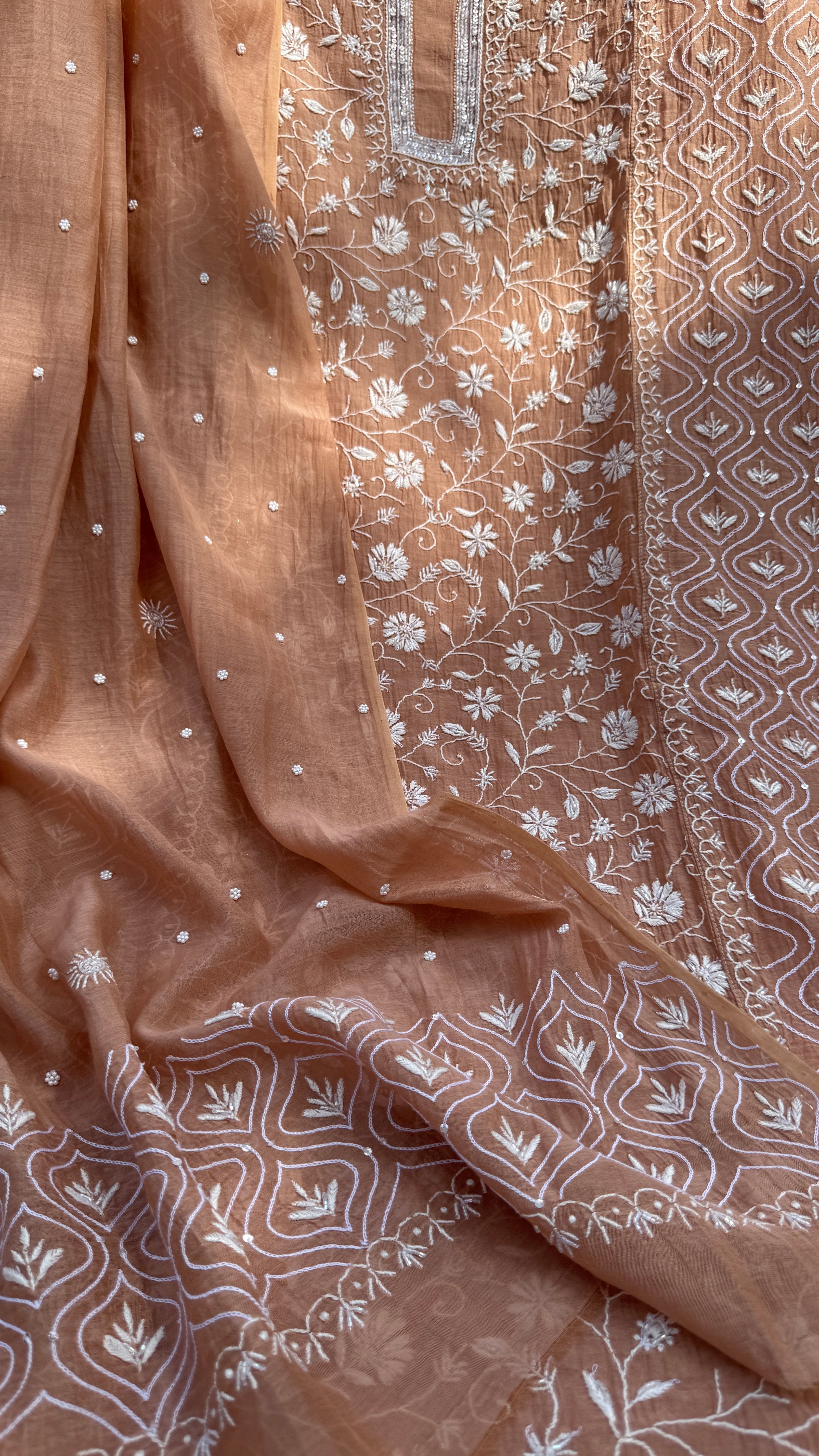 Mul Chanderi Chikankari - Unstitched Set - Brown