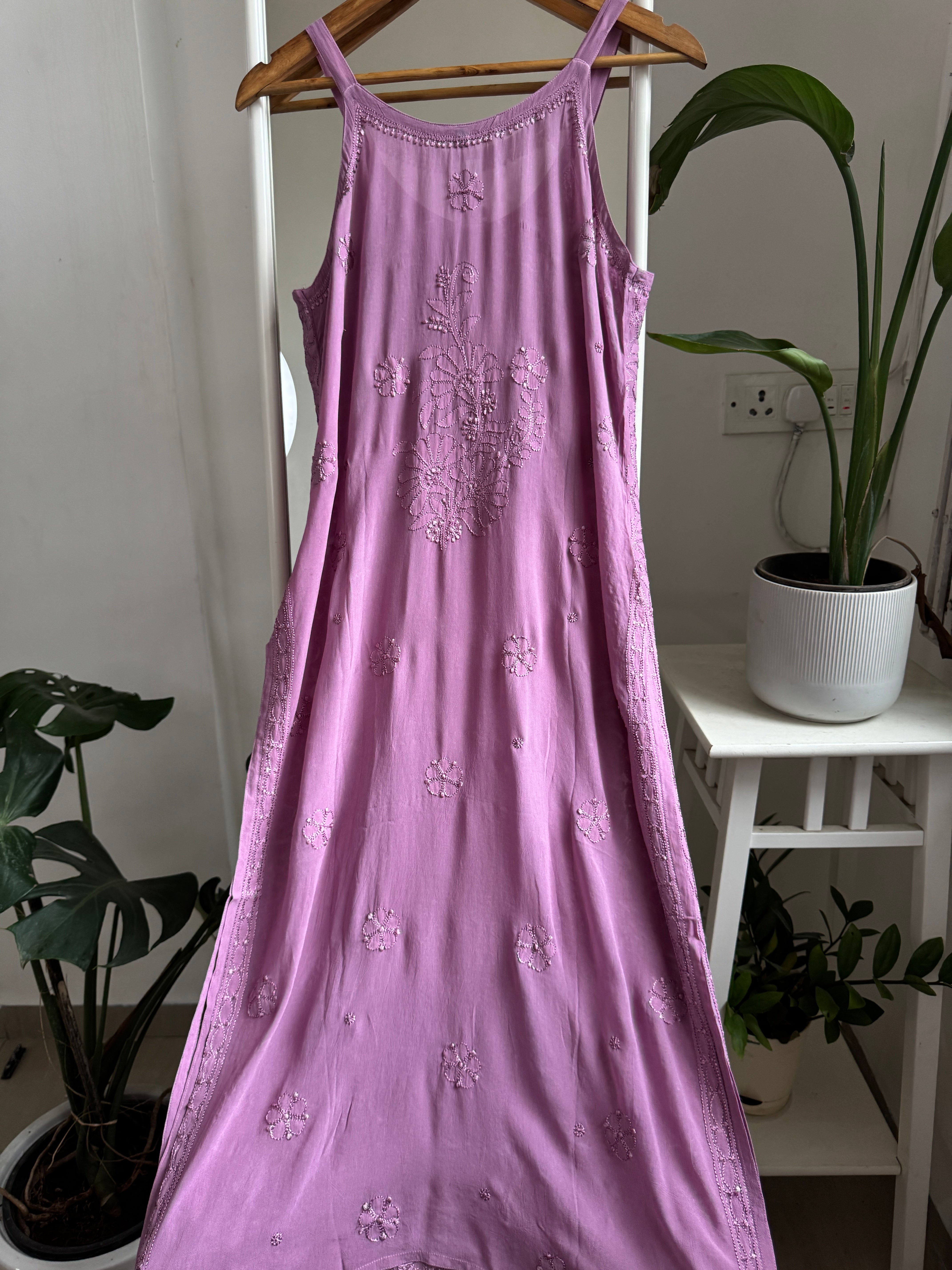Noodle Strap Chikankari Kurti Long - Mauve -Rose Collection