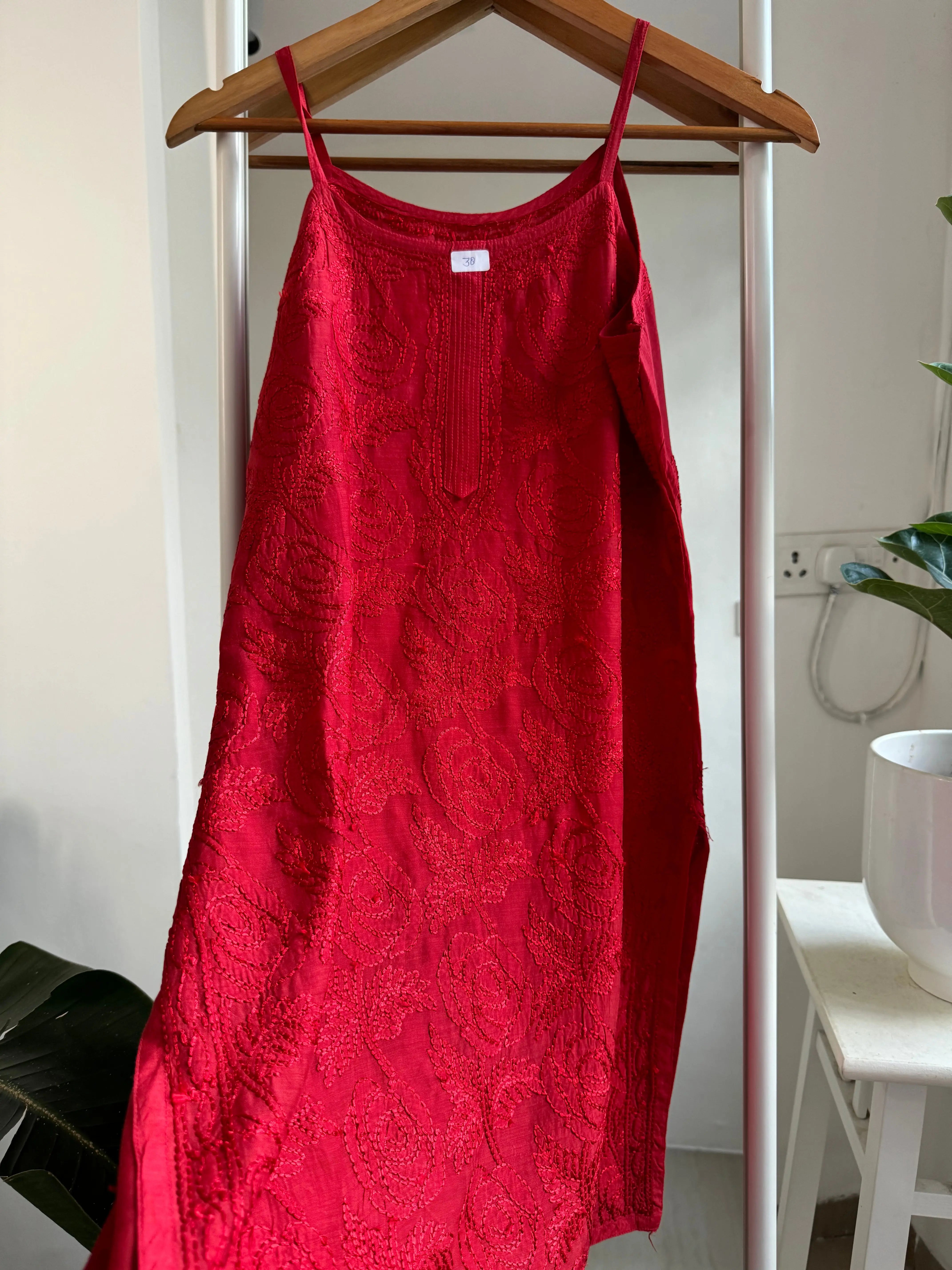 Muslin Chikankari Noodle Strap short Top - Red ARIAA CHIKANKARI