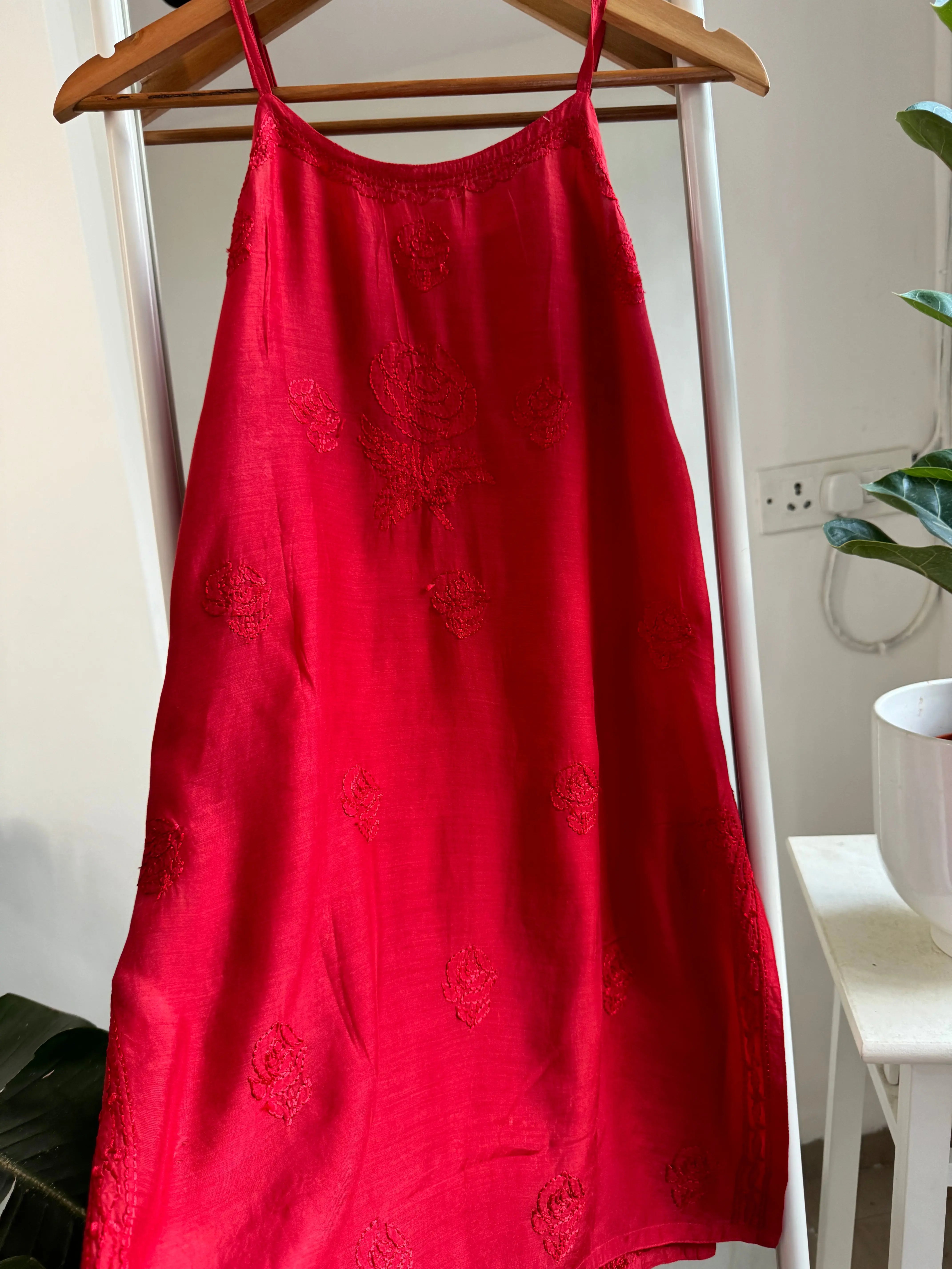 Muslin Chikankari Noodle Strap short Top - Red ARIAA CHIKANKARI