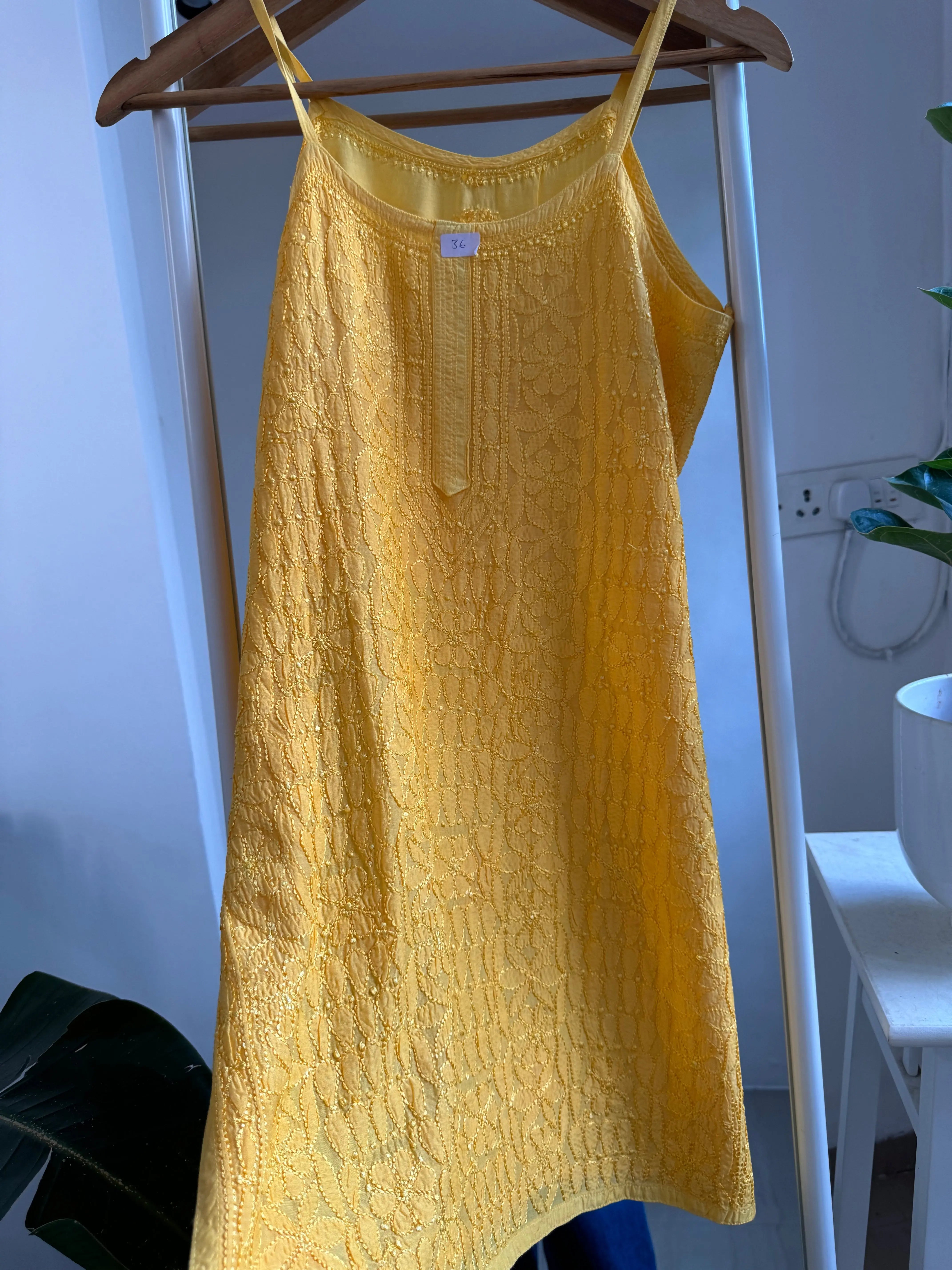 Muslin Chikankari Noodle Strap short Top - Yellow ARIAA CHIKANKARI