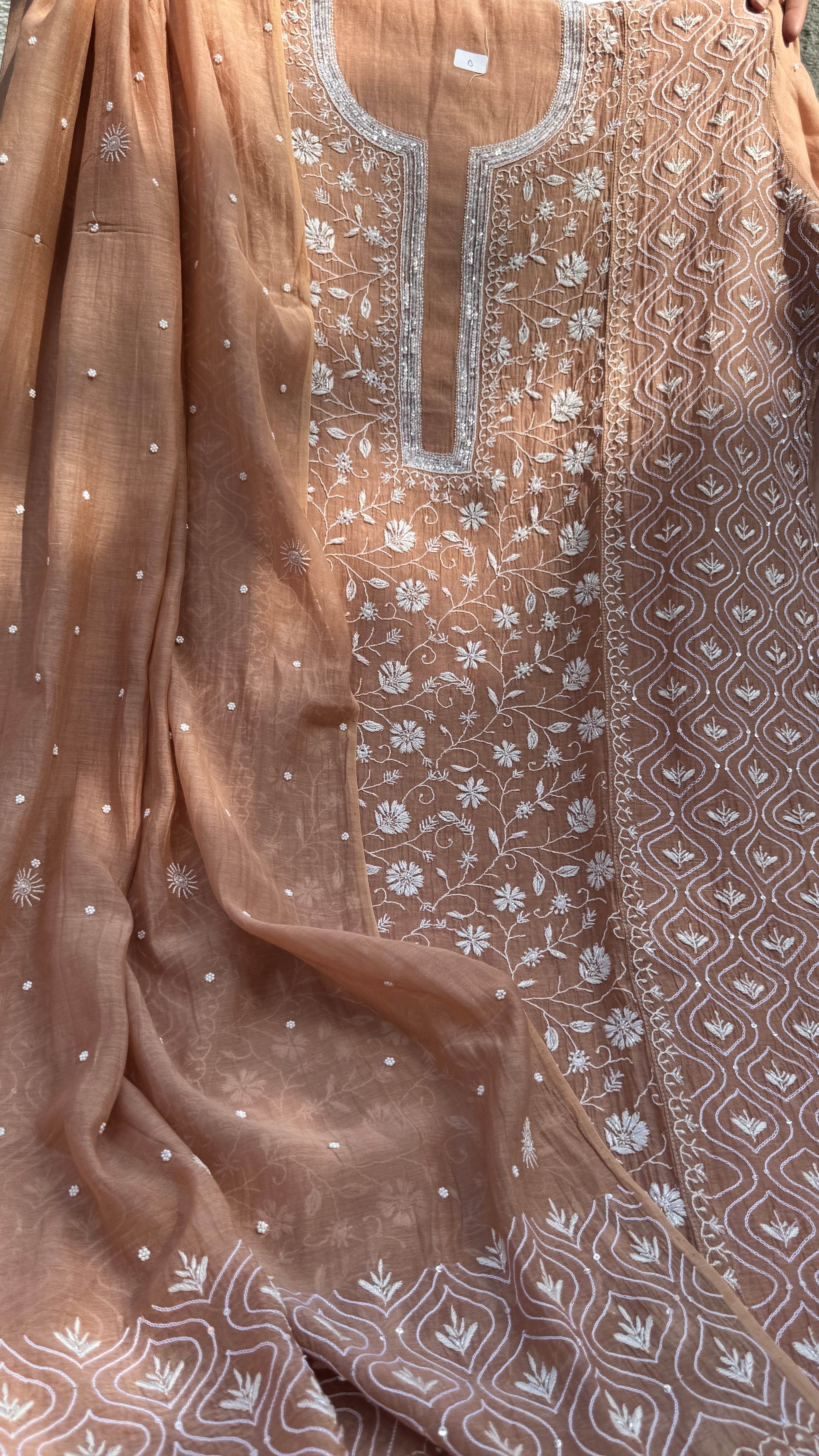 Mul Chanderi Chikankari - Unstitched Set - Brown