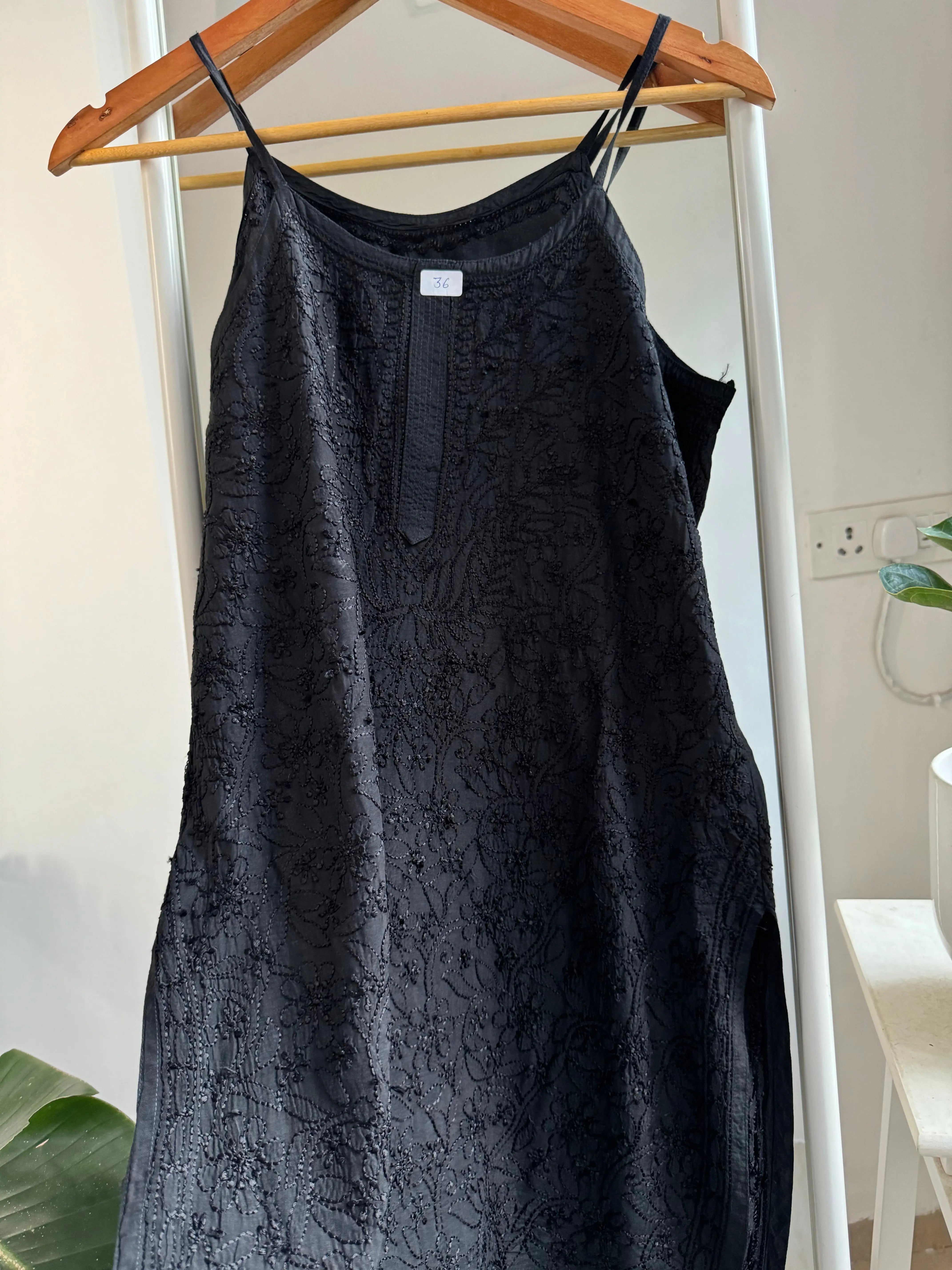 Muslin Chikankari Noodle Strap short Top - Black ARIAA CHIKANKARI