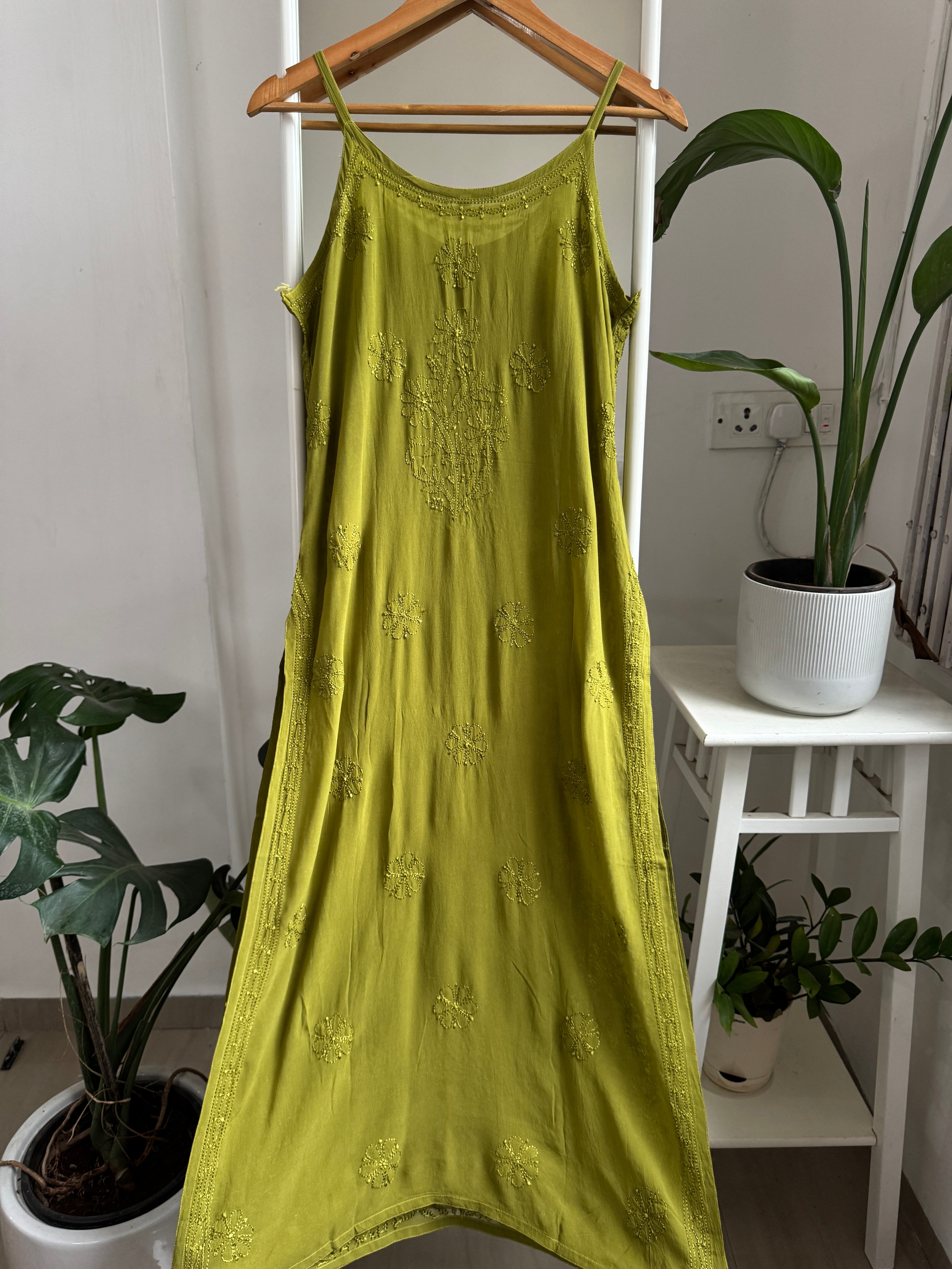 Noodle Strap Chikankari Kurti Long - Green -Rose Collection
