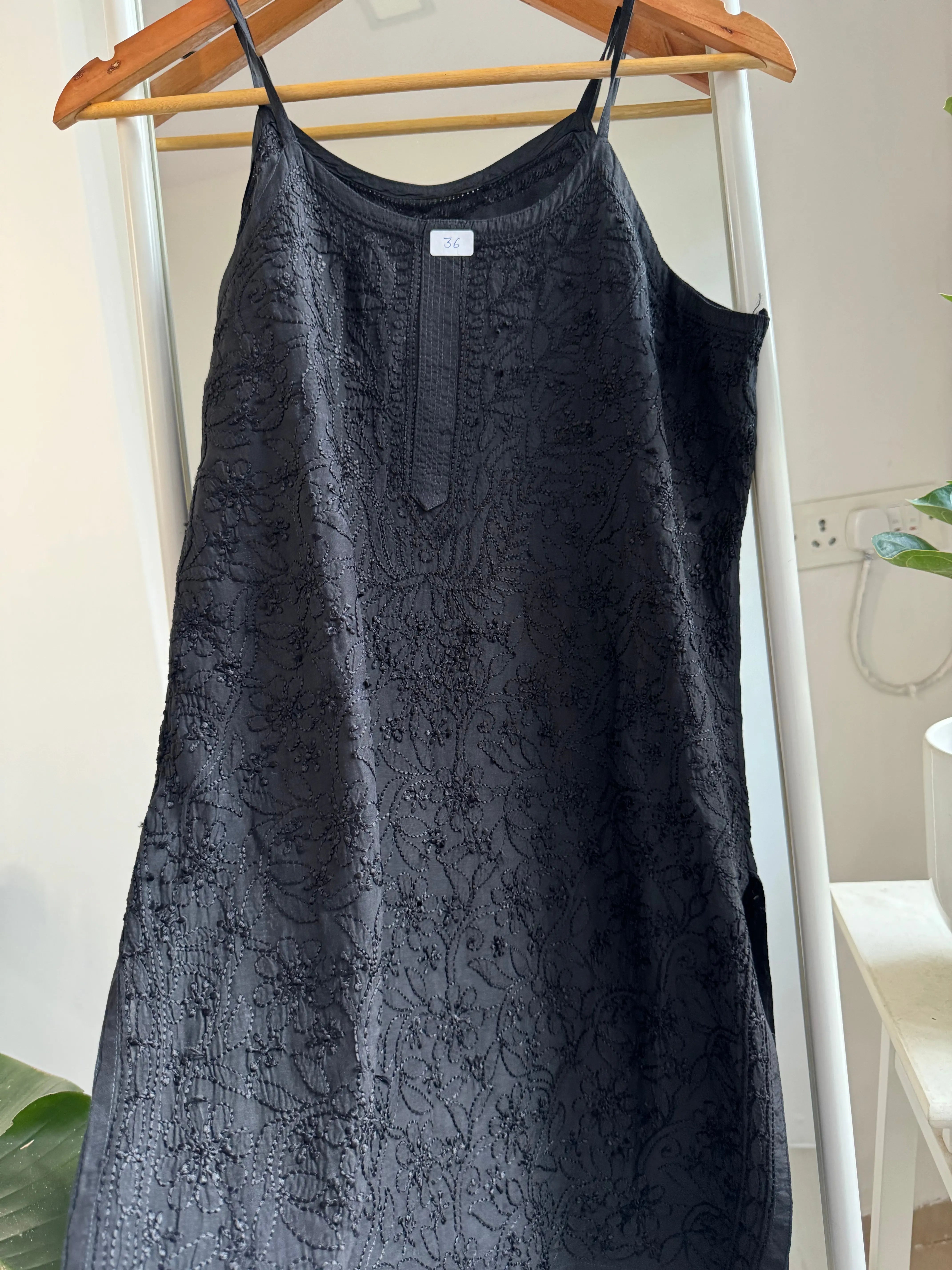 Muslin Chikankari Noodle Strap short Top - Black ARIAA CHIKANKARI