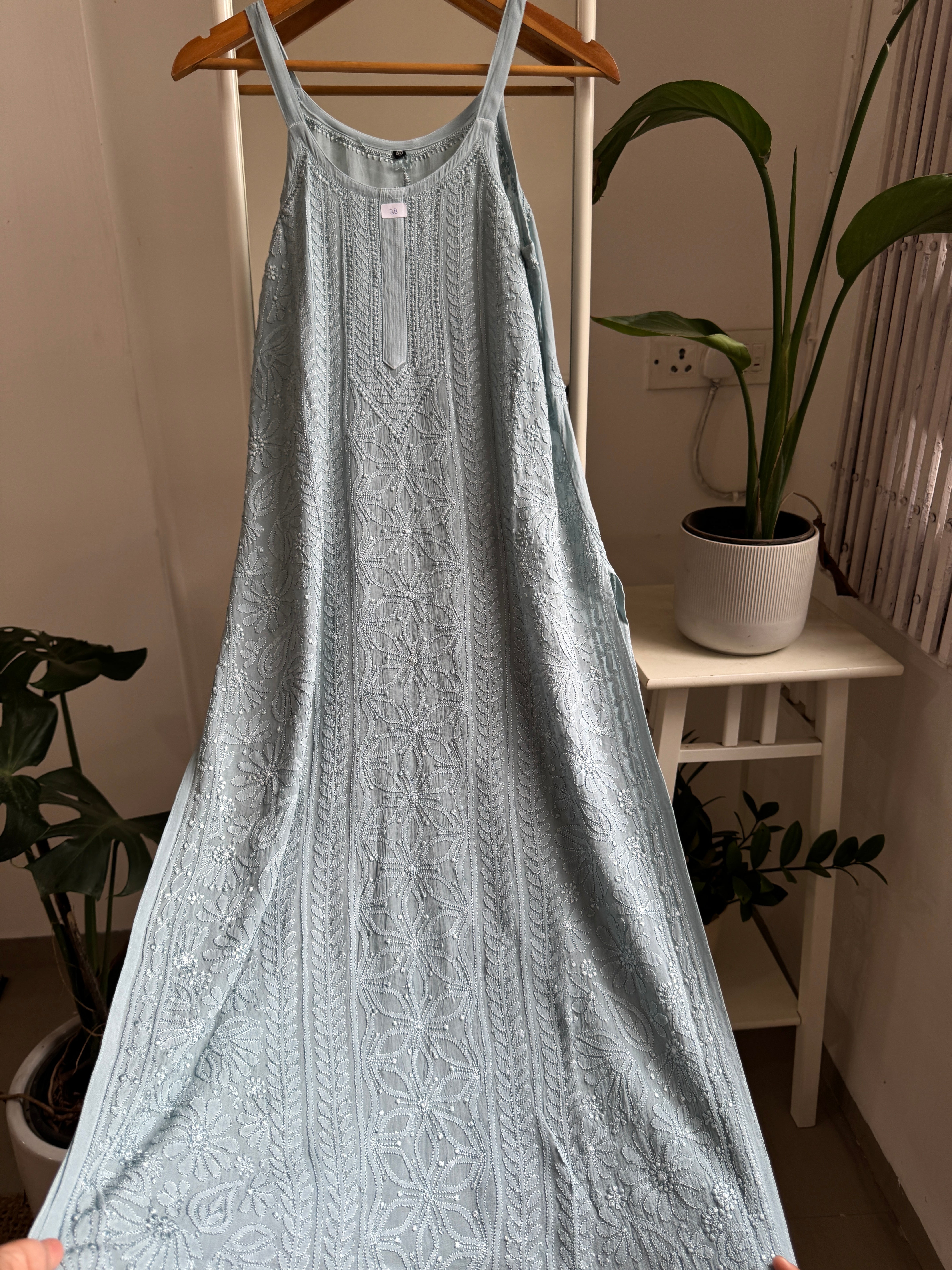 Noodle Strap Chikankari Kurti Long - Cool Grey -Rose Collection ARIAA CHIKANKARI