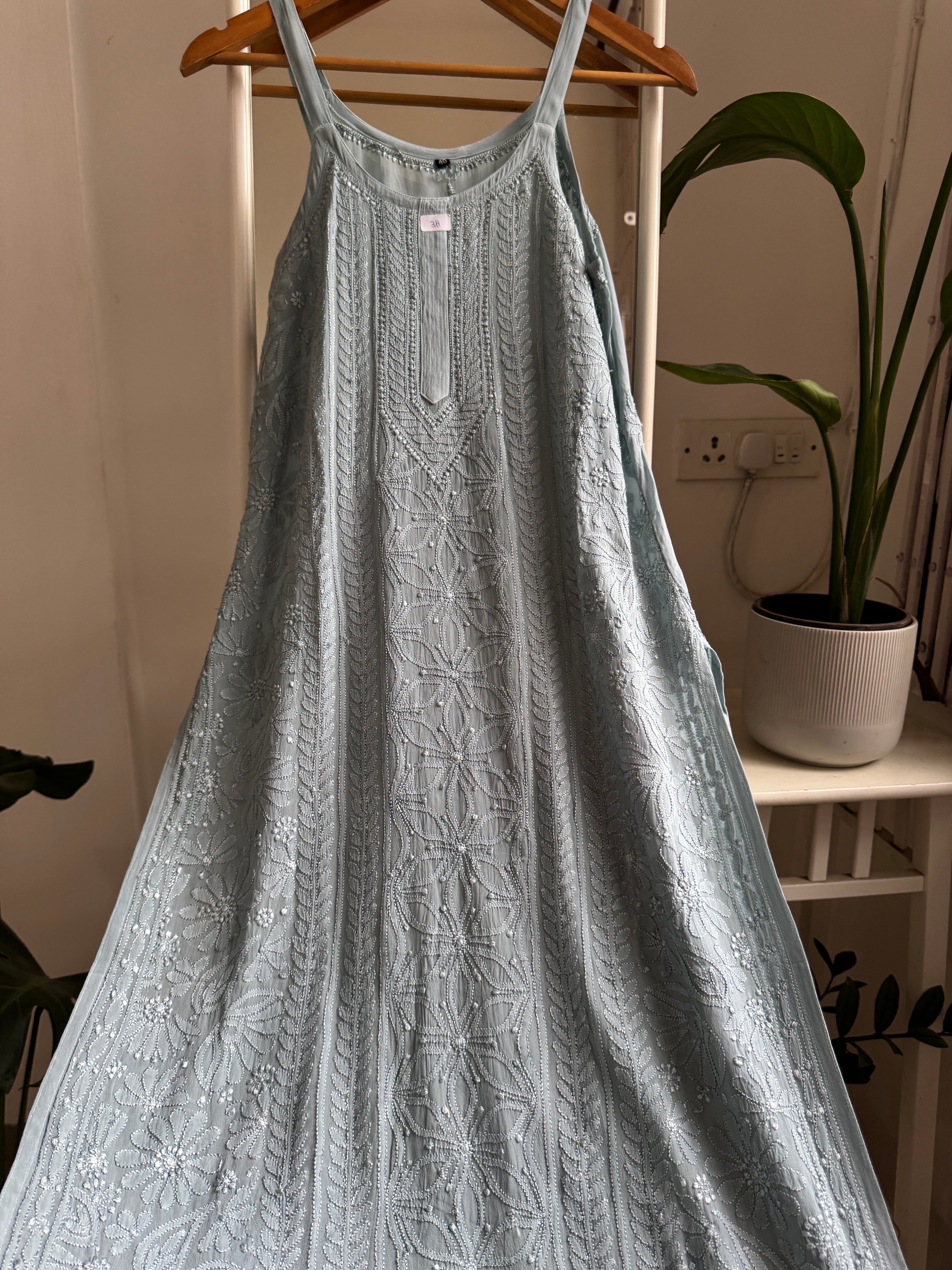 Noodle Strap Chikankari Kurti Long - Cool Grey -Rose Collection ARIAA CHIKANKARI