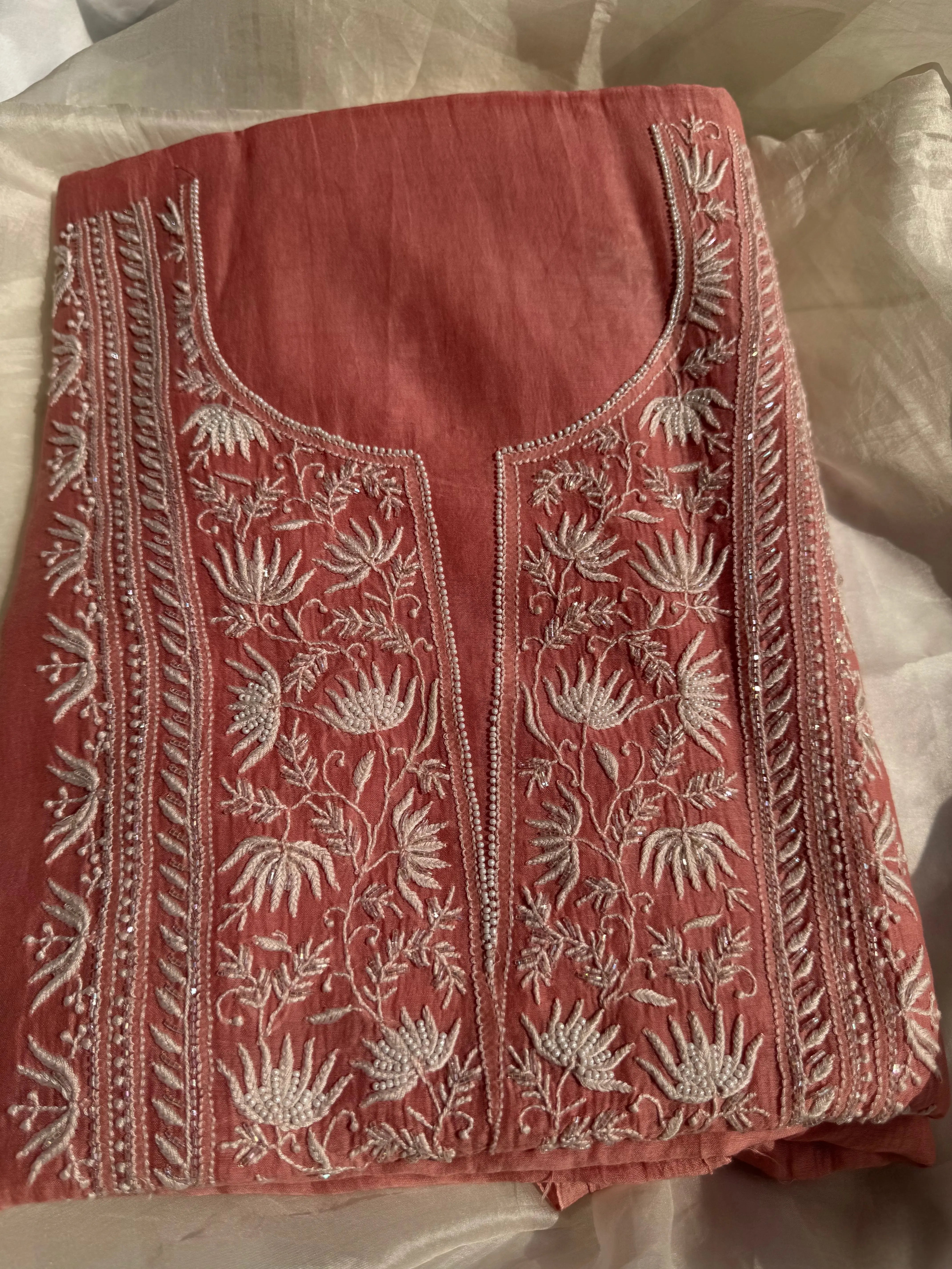 Mul Chanderi Chikankari Set - Rosewood ARIAA CHIKANKARI
