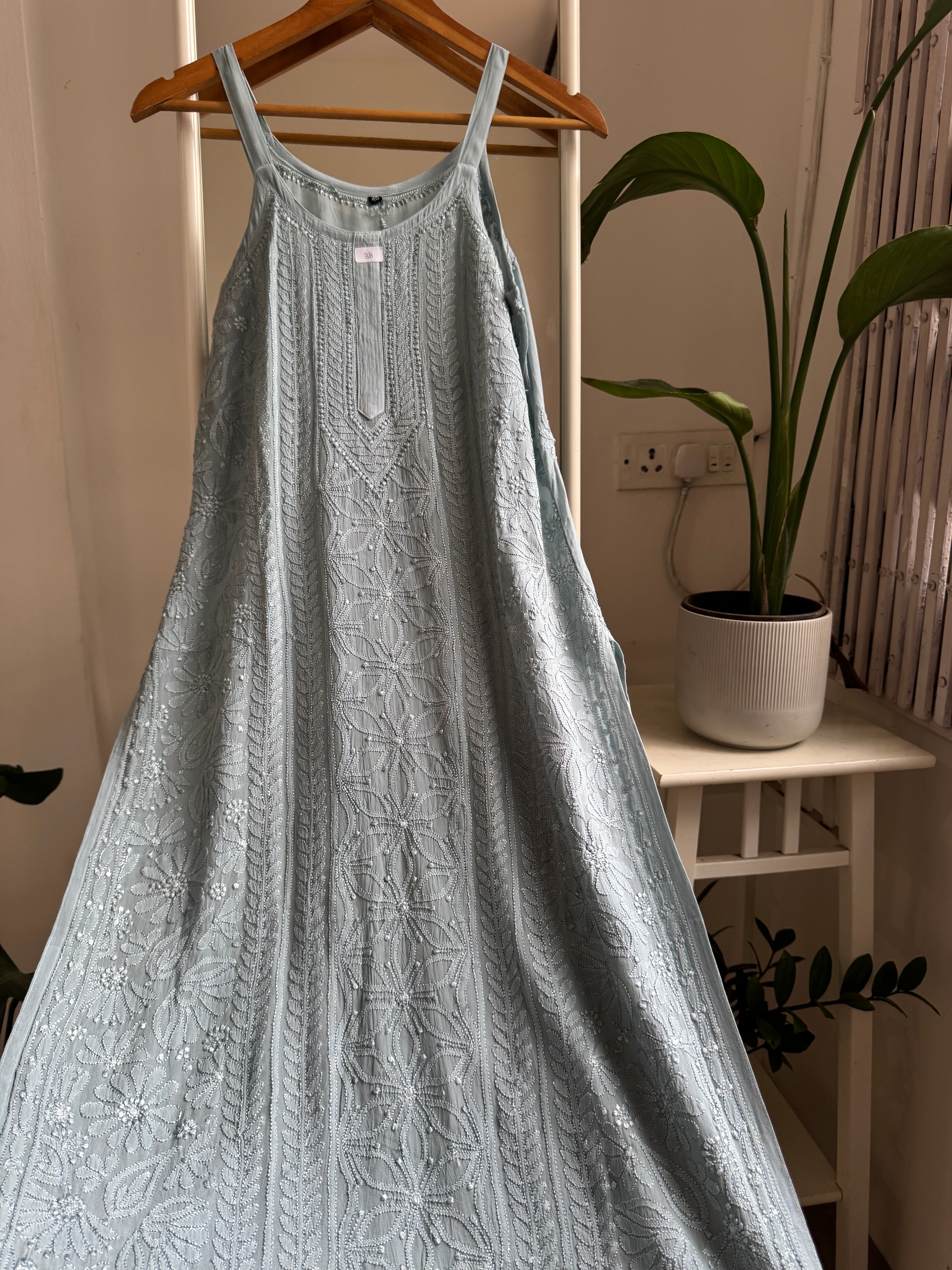 Noodle Strap Chikankari Kurti Long - Cool Grey -Rose Collection ARIAA CHIKANKARI