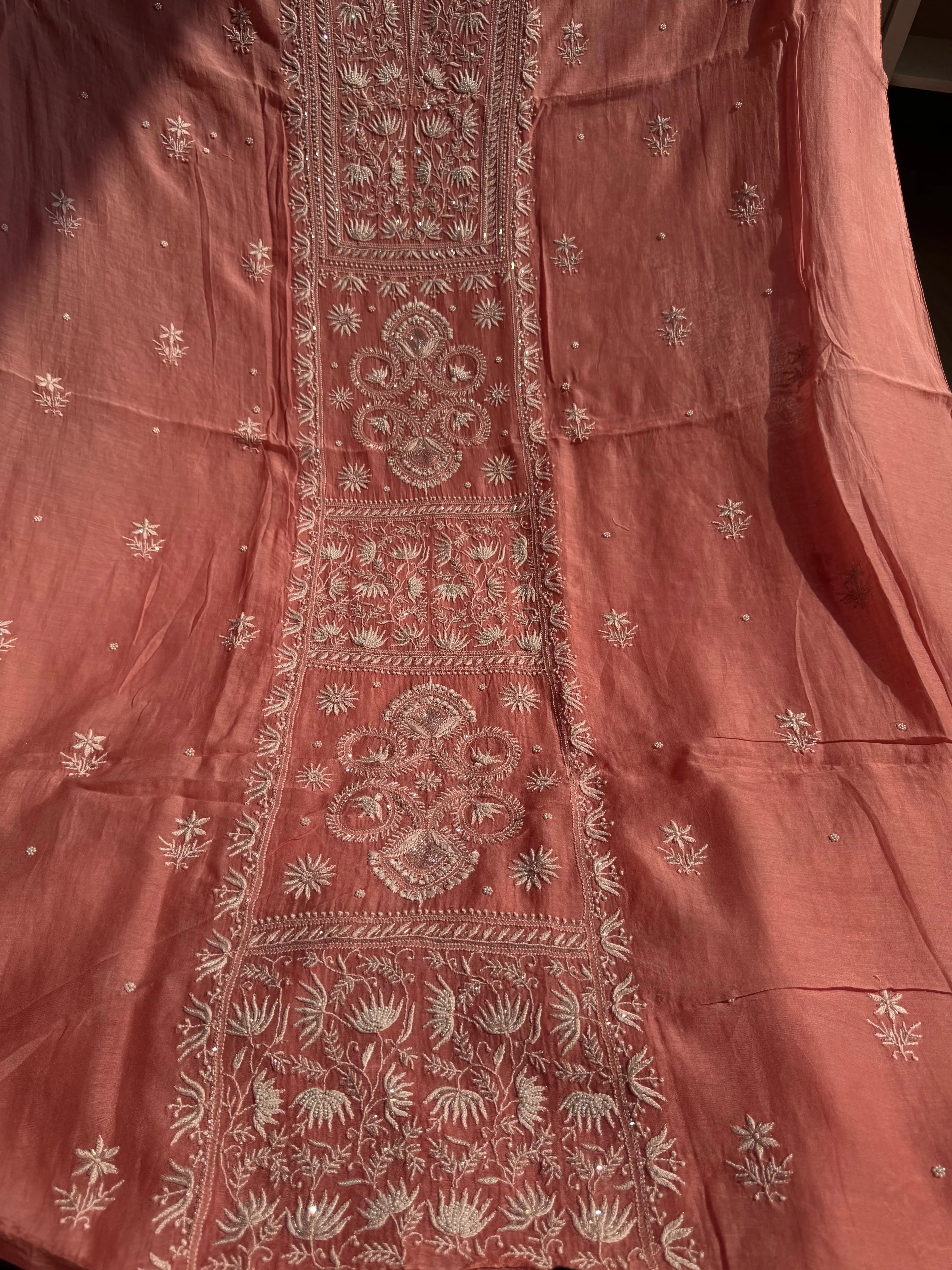 Mul Chanderi Chikankari Set - Rosewood ARIAA CHIKANKARI