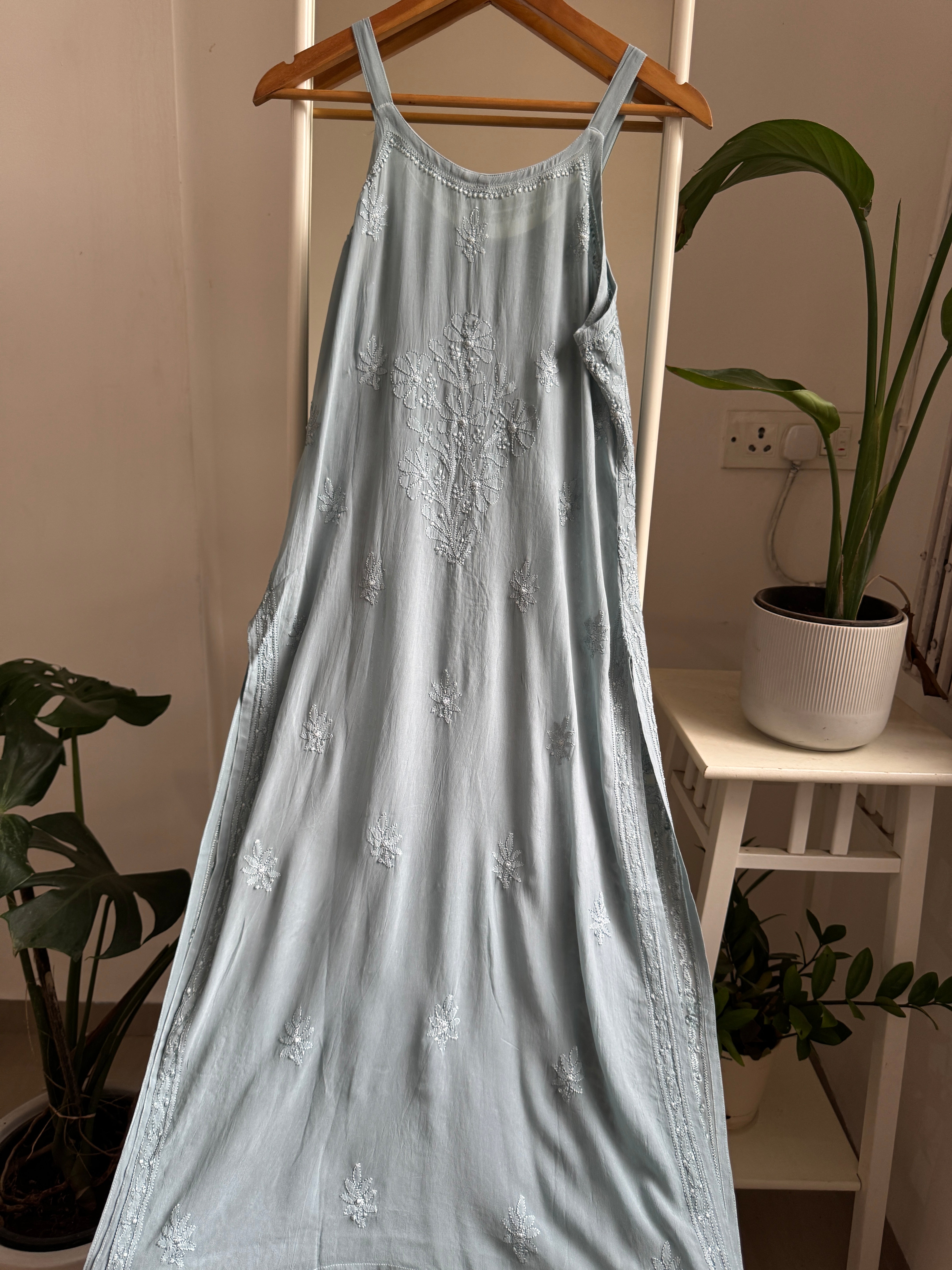 Noodle Strap Chikankari Kurti Long - Cool Grey -Rose Collection ARIAA CHIKANKARI