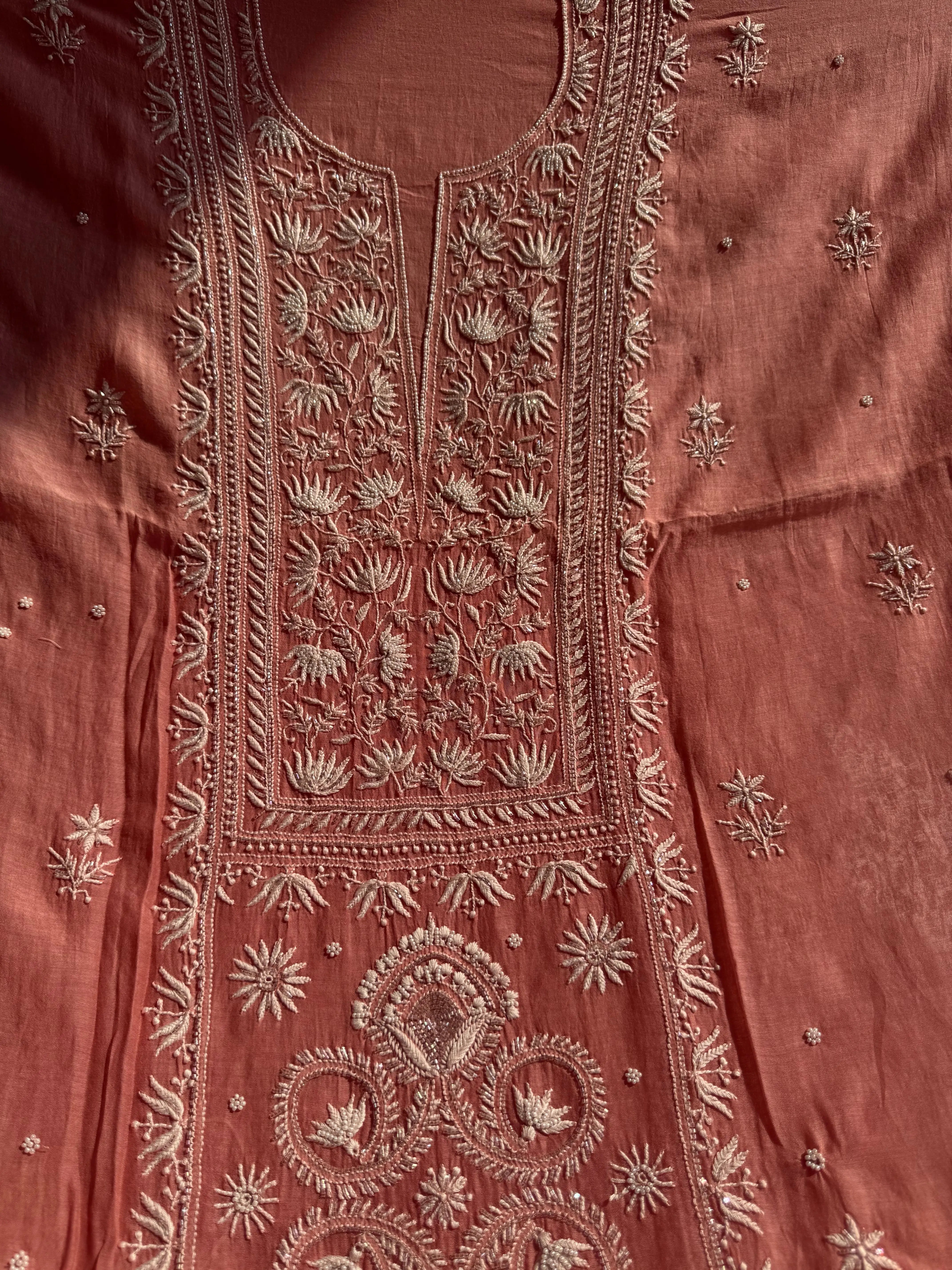 Mul Chanderi Chikankari Set - Rosewood ARIAA CHIKANKARI