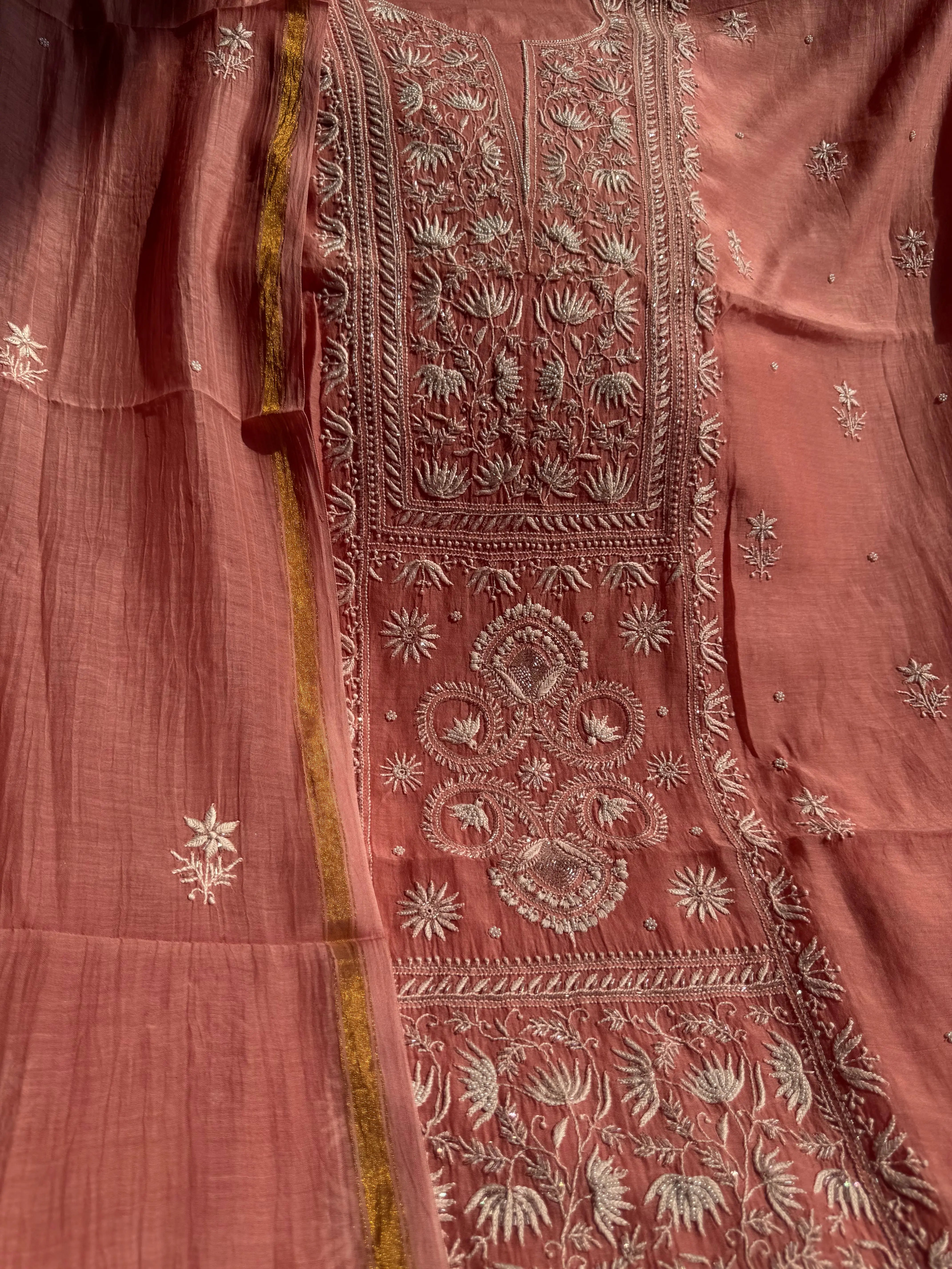 Mul Chanderi Chikankari Set - Rosewood ARIAA CHIKANKARI