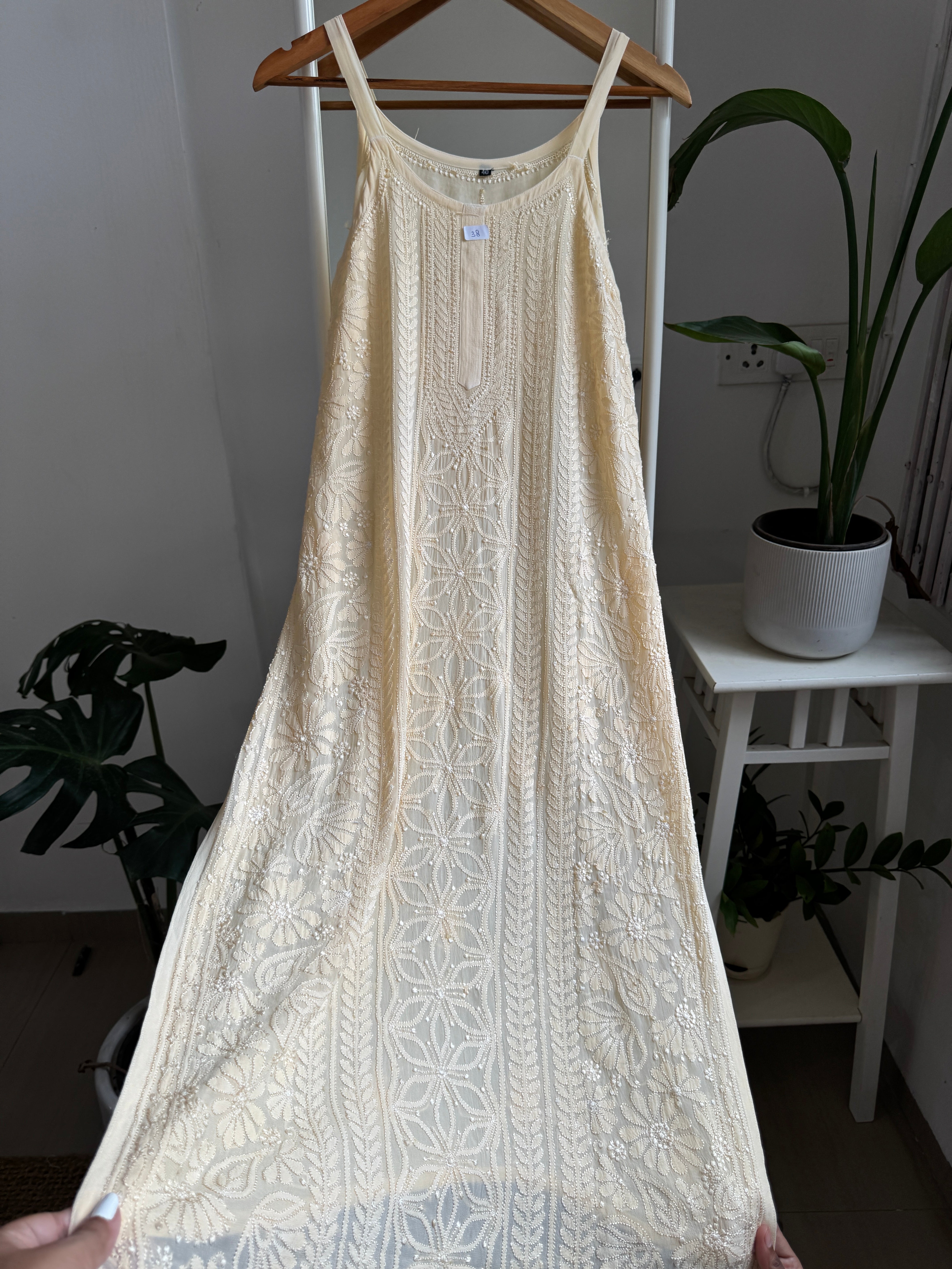 Noodle Strap Chikankari Kurti Long - Cream -Rose Collection ARIAA CHIKANKARI
