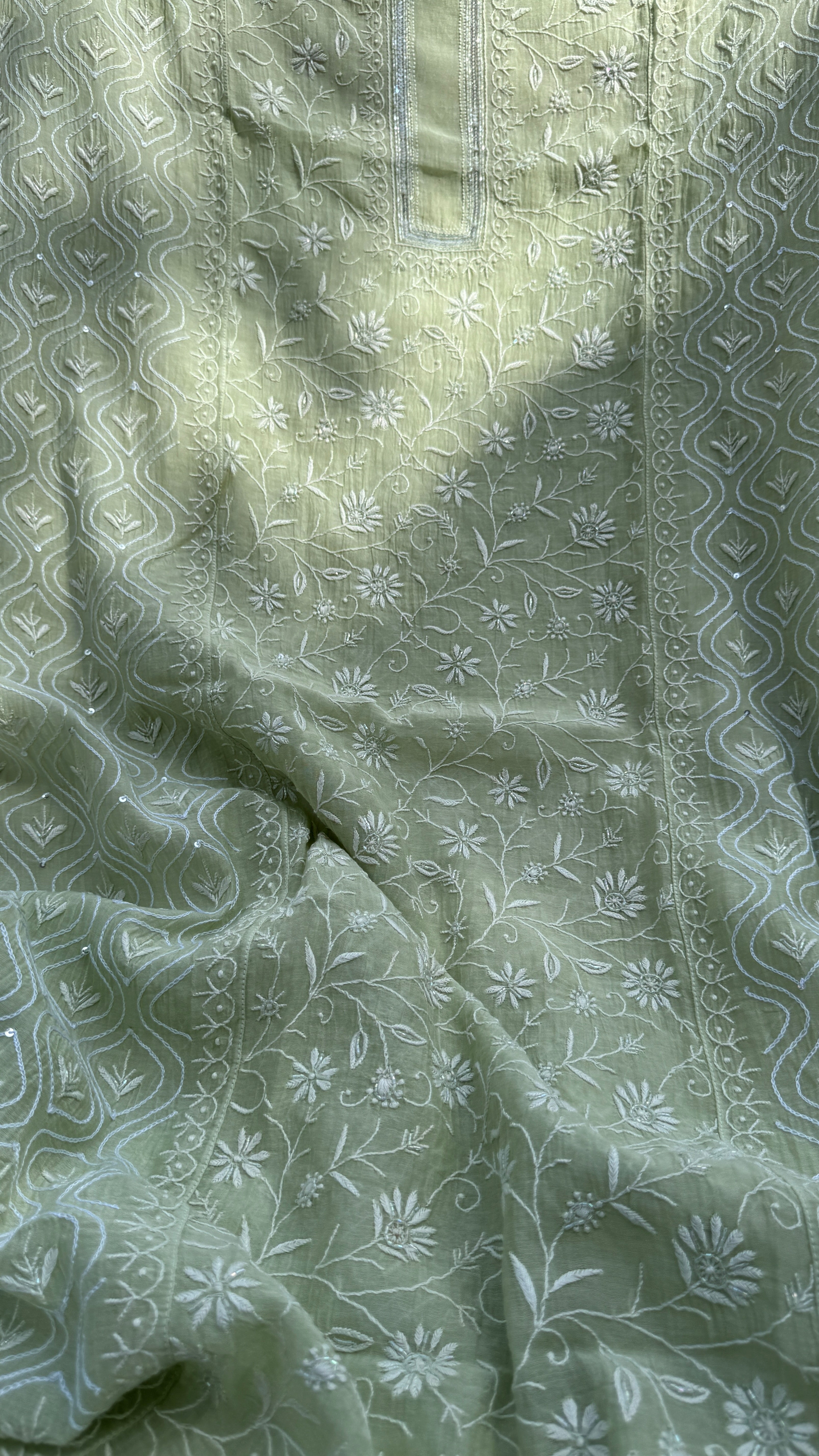 Mul Chanderi Chikankari - Unstitched Set - Pista Green