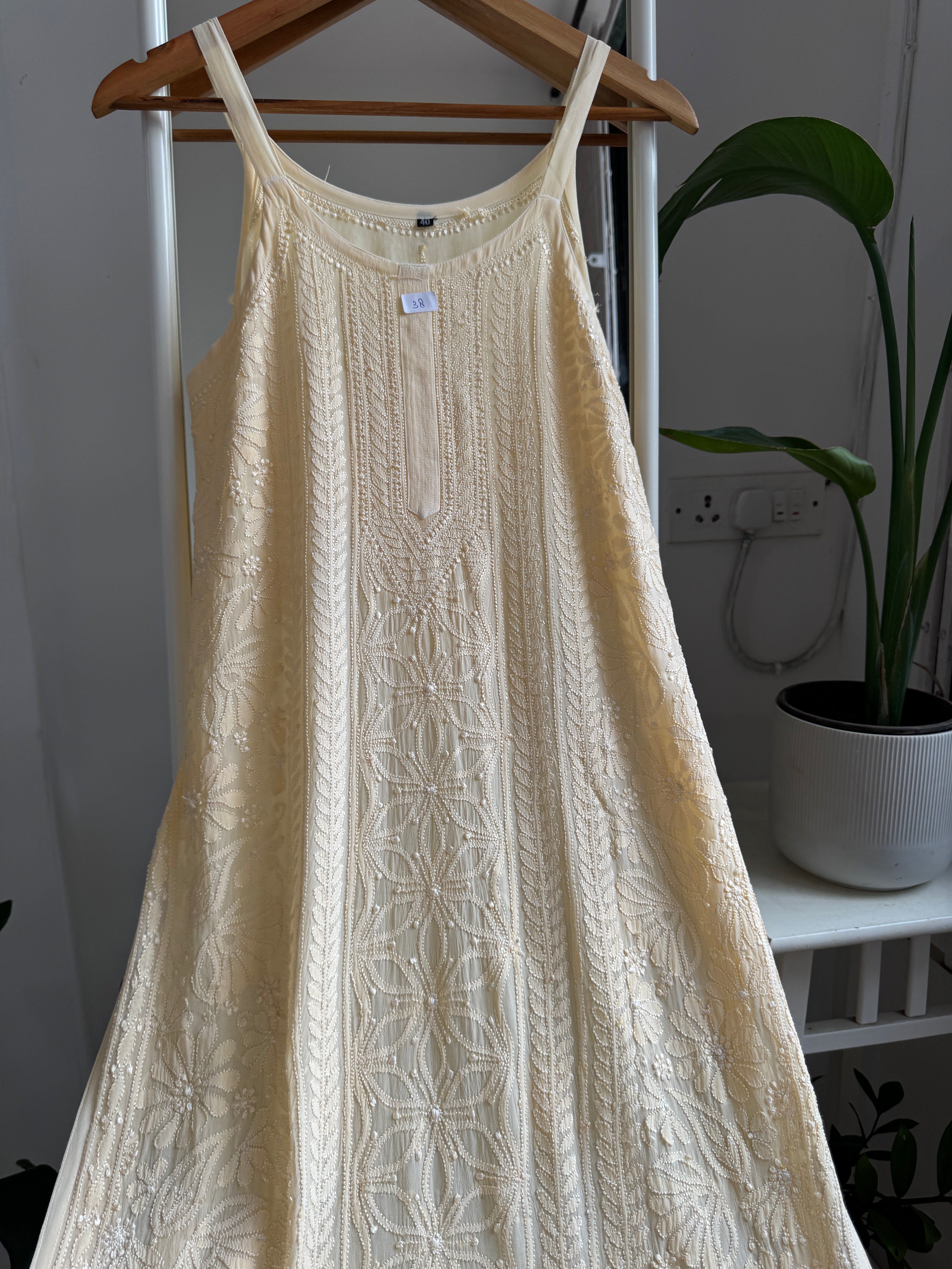 Noodle Strap Chikankari Kurti Long - Cream -Rose Collection ARIAA CHIKANKARI