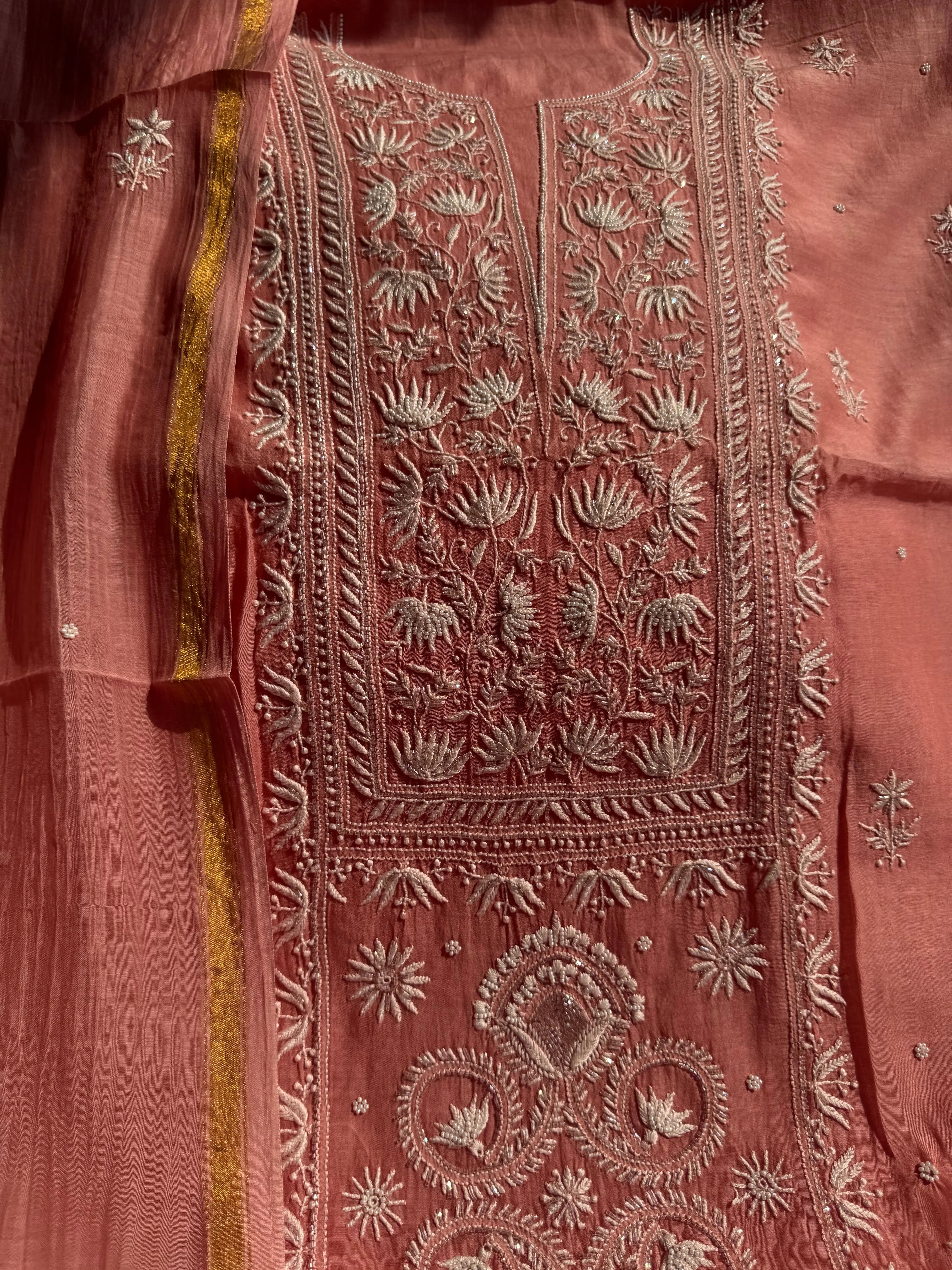 Mul Chanderi Chikankari Set - Rosewood ARIAA CHIKANKARI