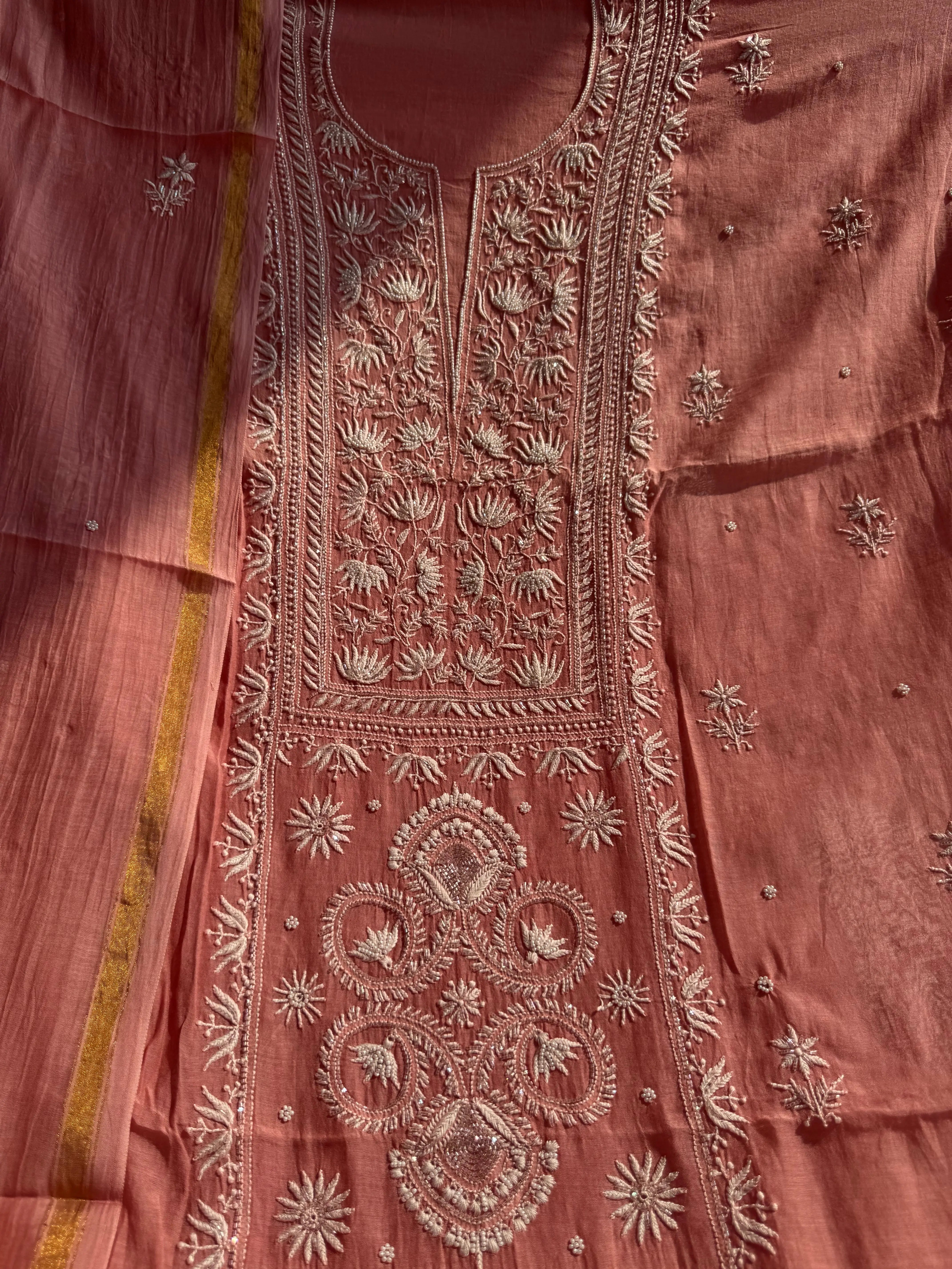 Mul Chanderi Chikankari Set - Rosewood ARIAA CHIKANKARI