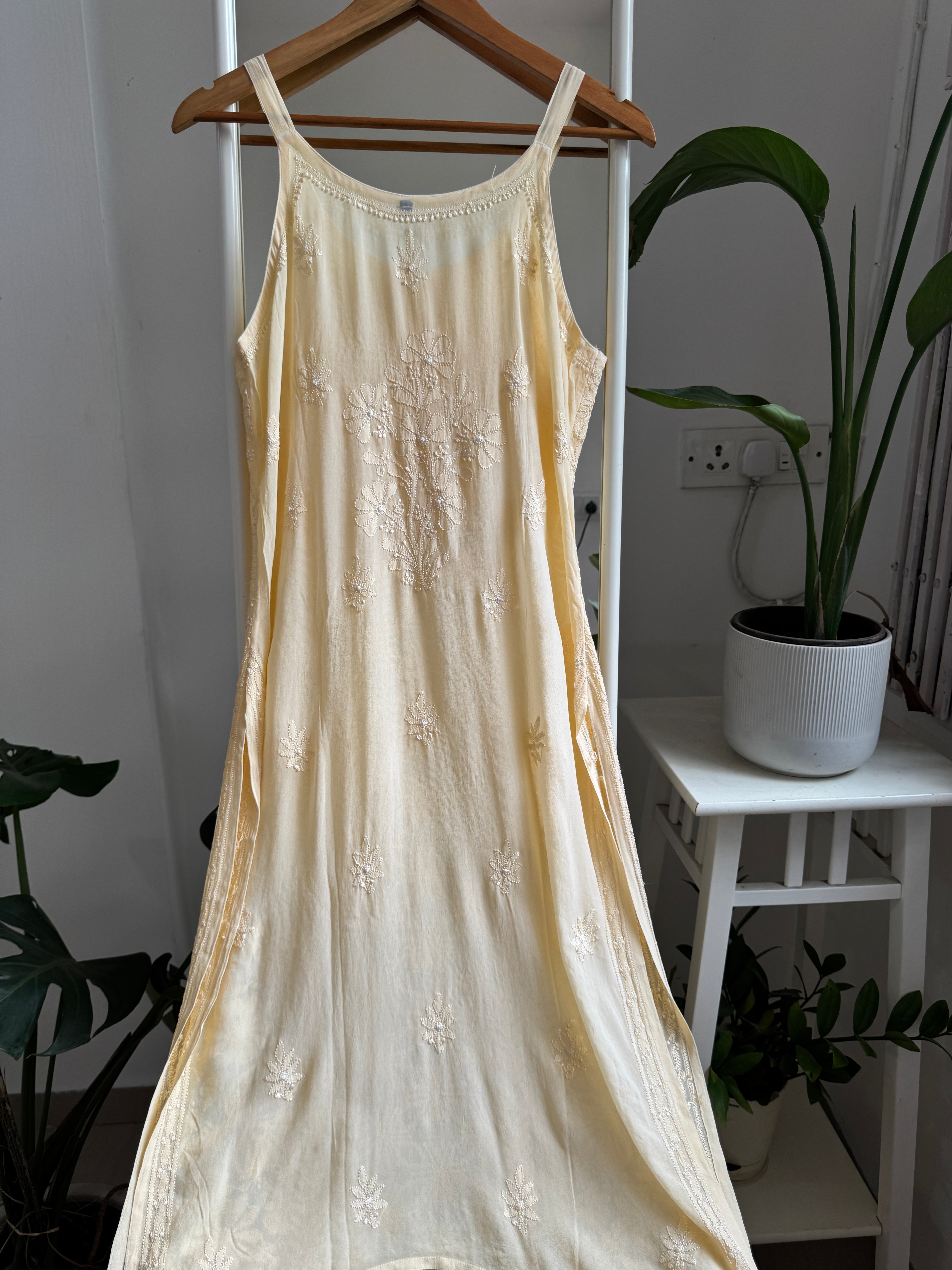 Noodle Strap Chikankari Kurti Long - Cream -Rose Collection ARIAA CHIKANKARI