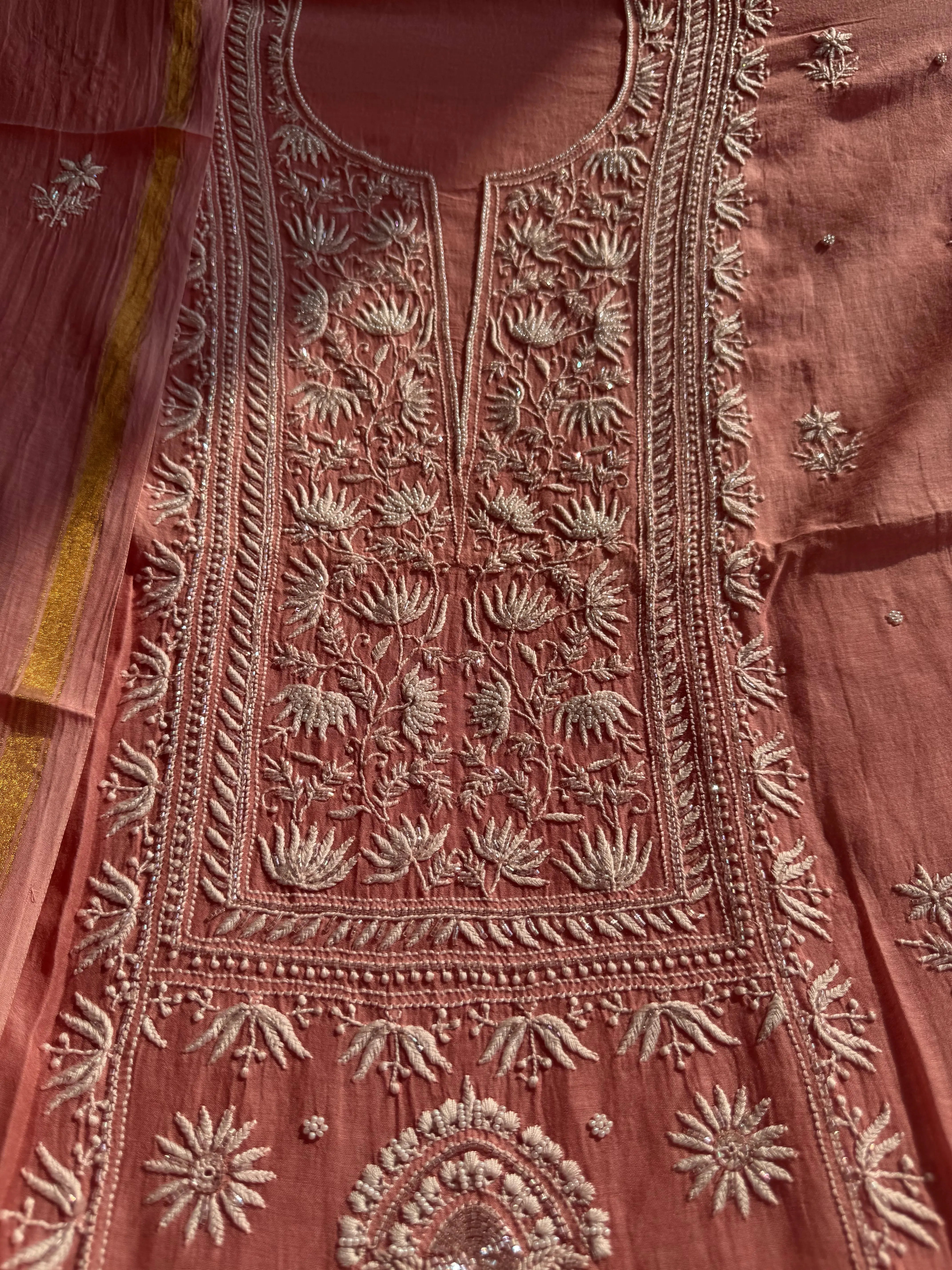 Mul Chanderi Chikankari Set - Rosewood ARIAA CHIKANKARI