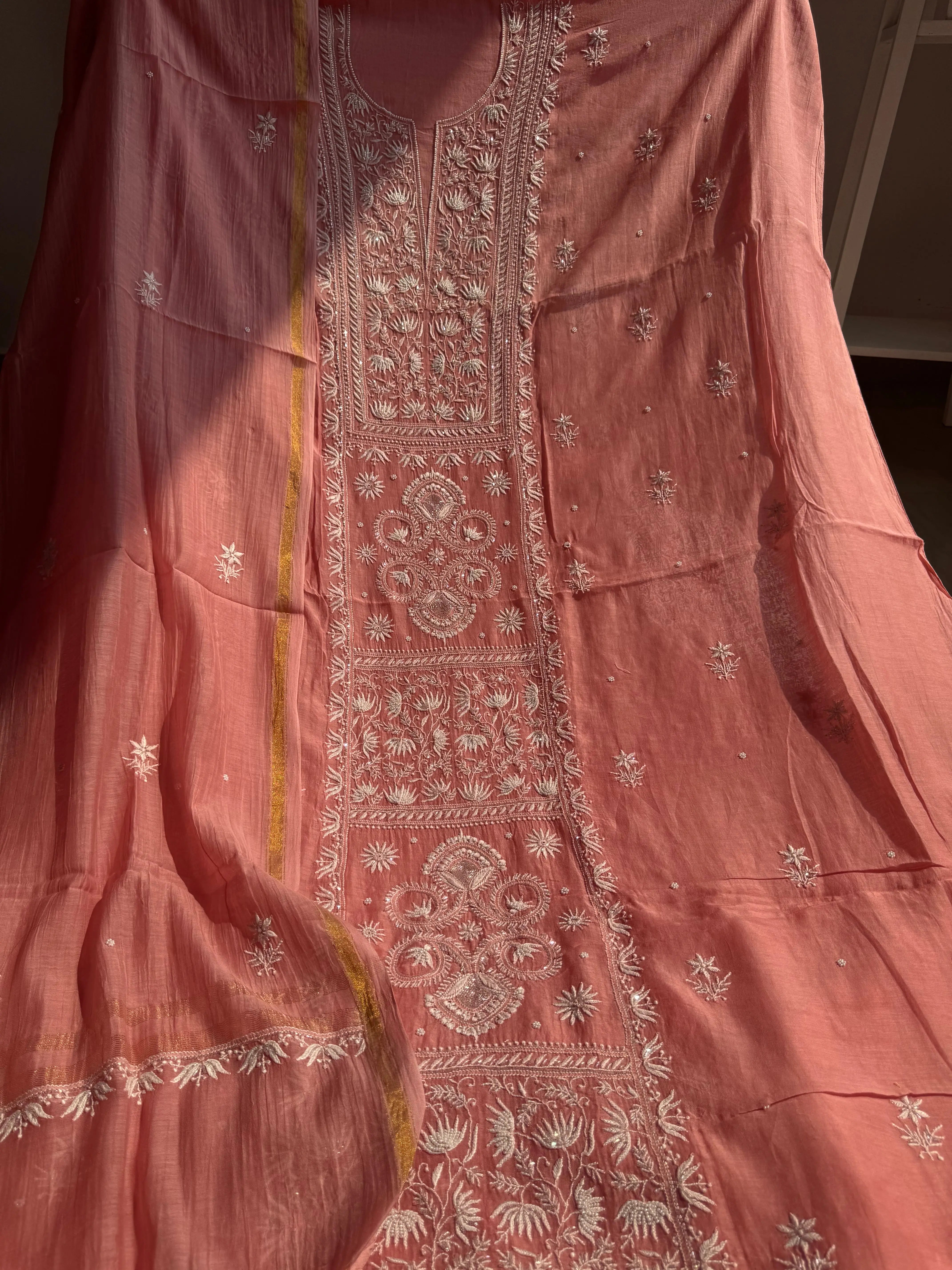 Mul Chanderi Chikankari Set - Rosewood ARIAA CHIKANKARI