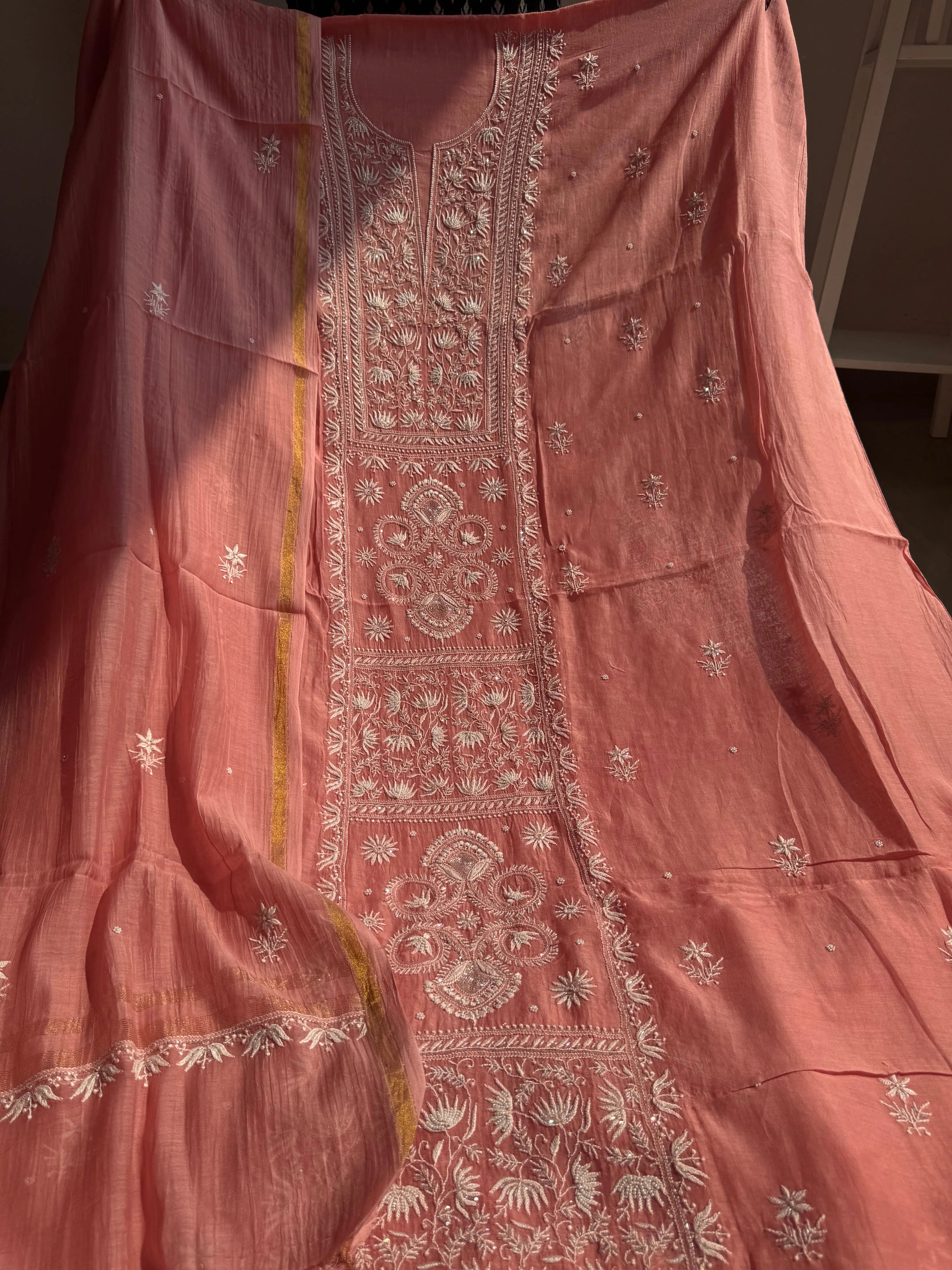 Mul Chanderi Chikankari Set - Rosewood ARIAA CHIKANKARI
