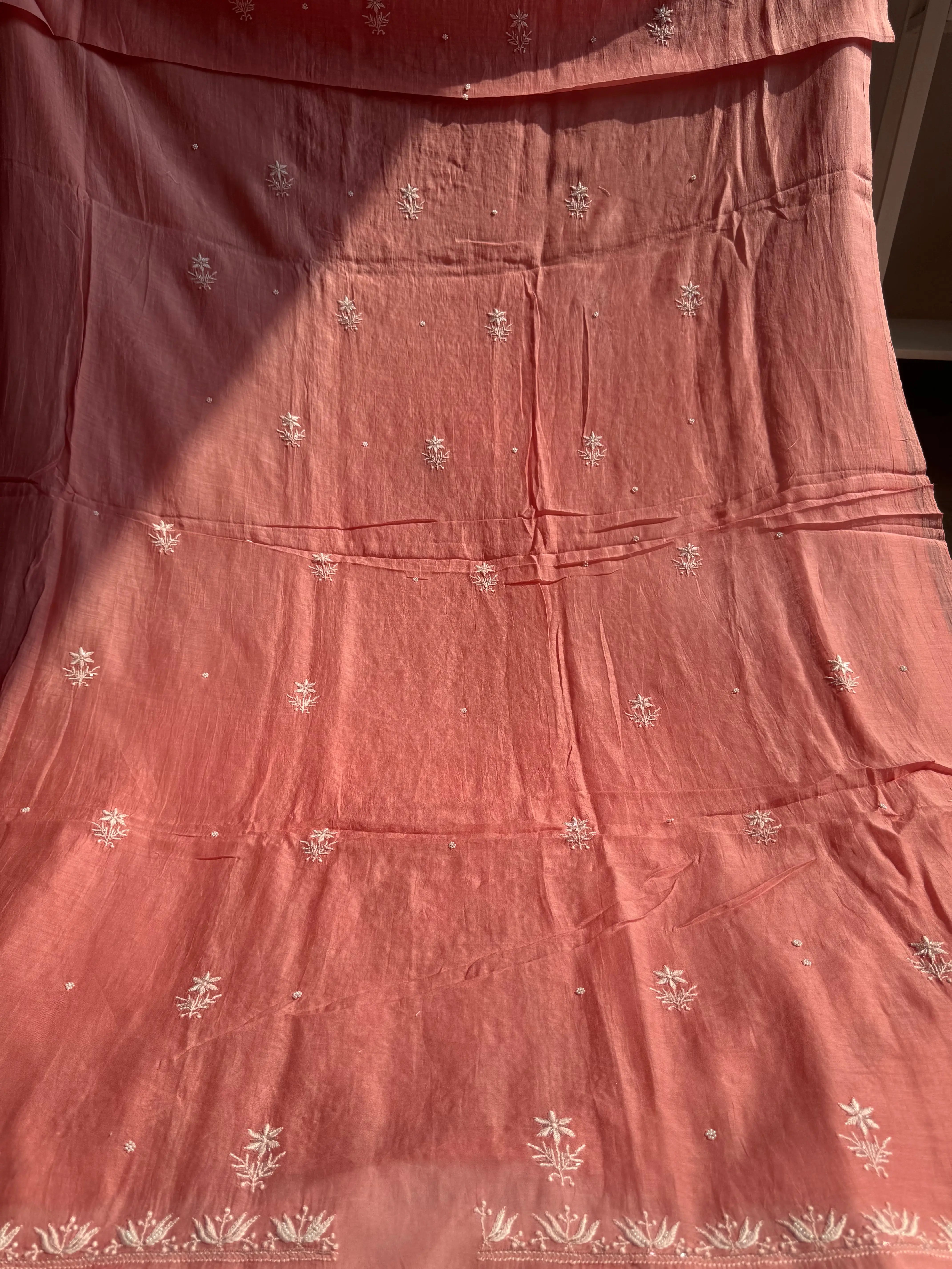 Mul Chanderi Chikankari Set - Rosewood ARIAA CHIKANKARI